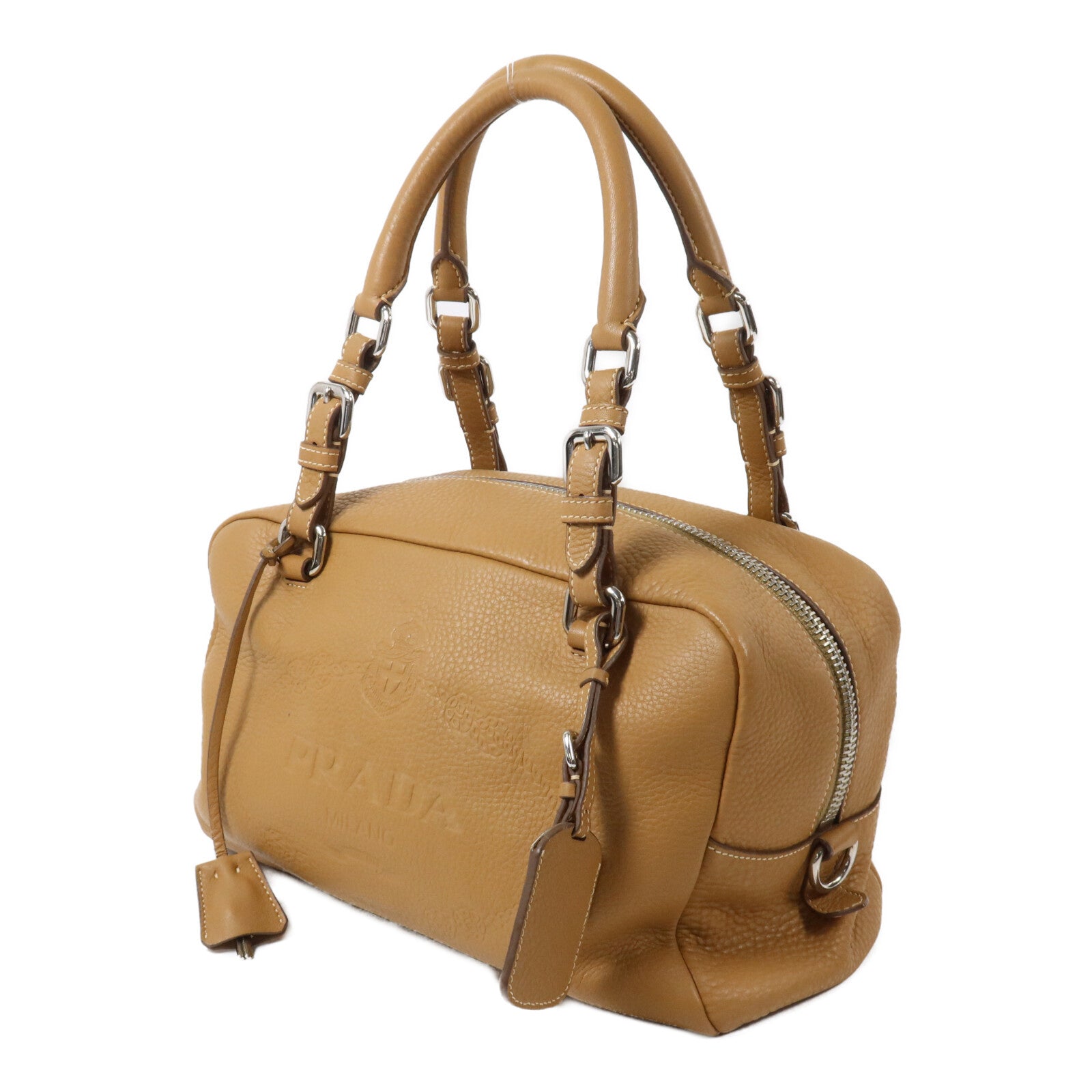 PRADA 牛皮皮革Daino Bauletto Embossed Logo Handbag手挽袋