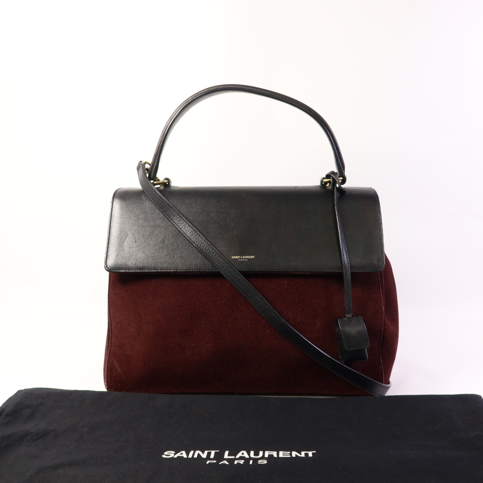SAINT LAURENT 絨布/牛皮皮革2 Way Shoulder Bag金扣手挽肩背兩用袋