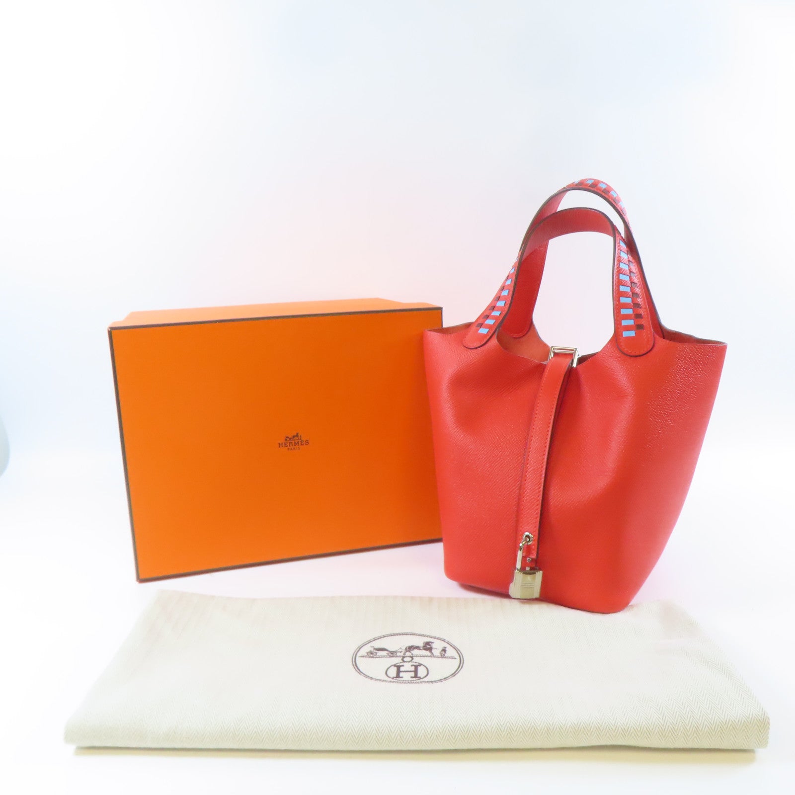 HERMES Epsom皮革Picotin PM Bucket Tote Bag銀扣手挽袋紅色