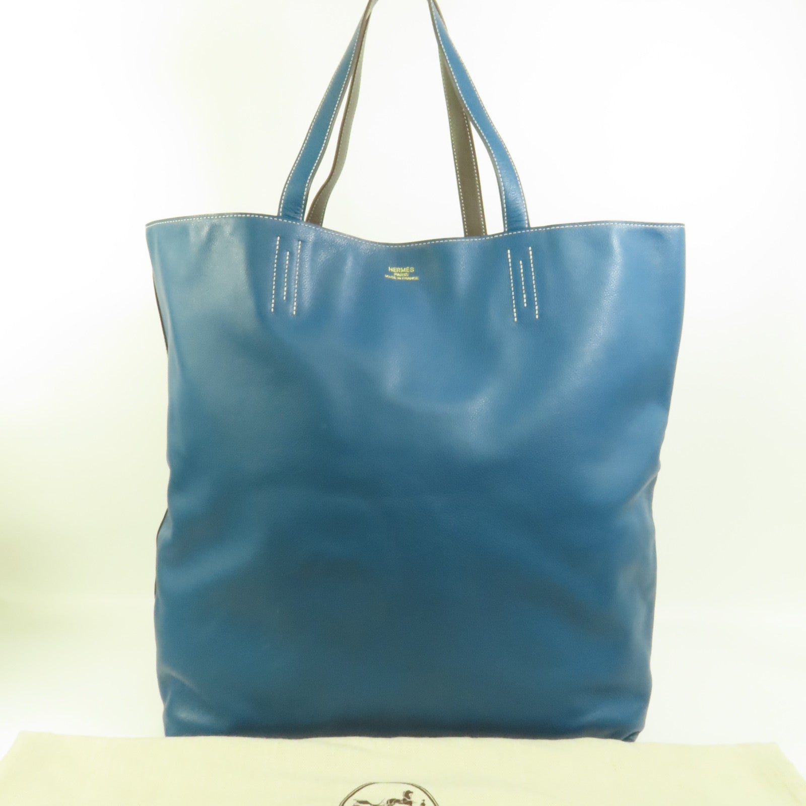 HERMES Clemence皮革Double Sens 45手挽袋Etain/Bleu Izmir