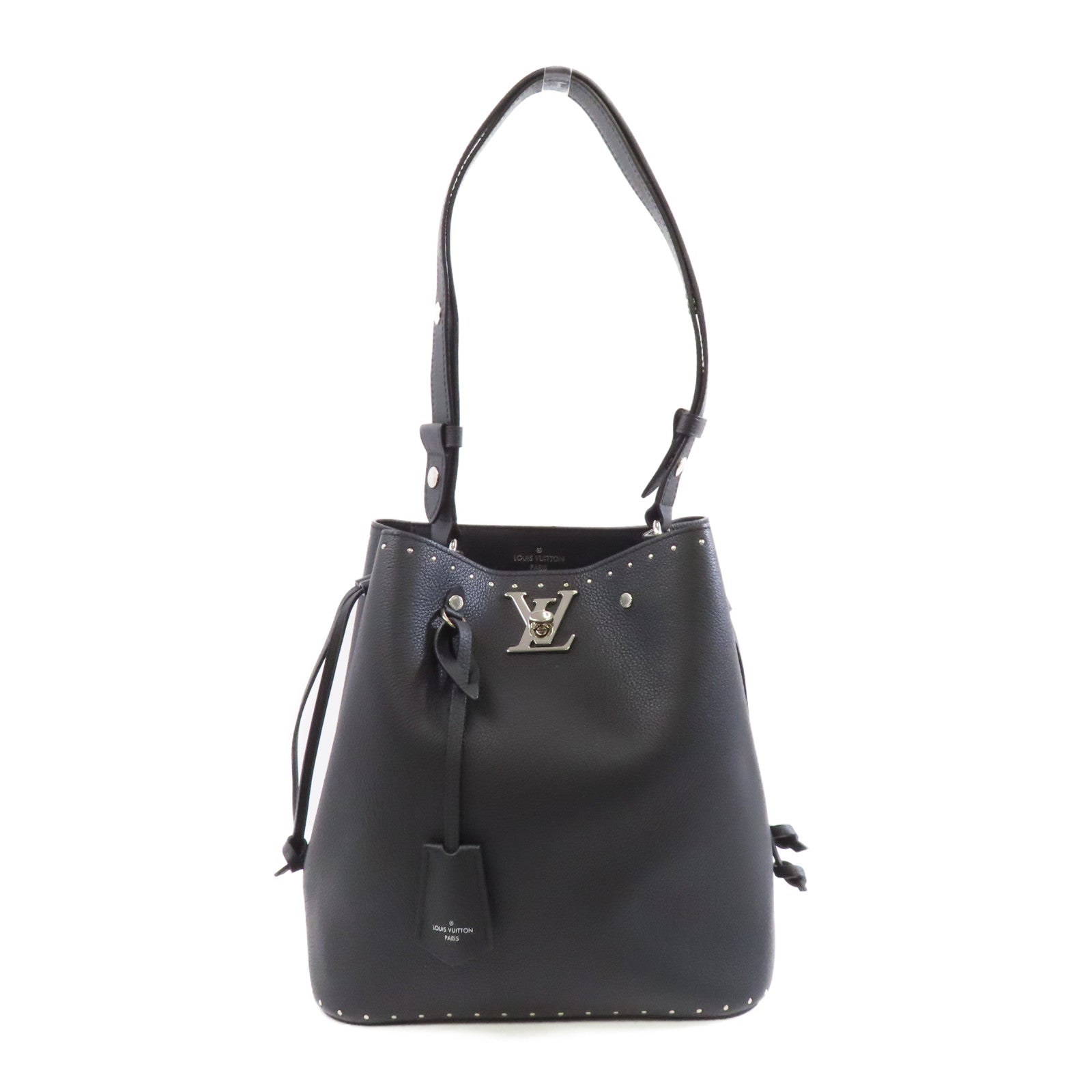 LOUIS VUITTON 牛皮皮革Lock Me Bucket銀扣肩背袋黑色