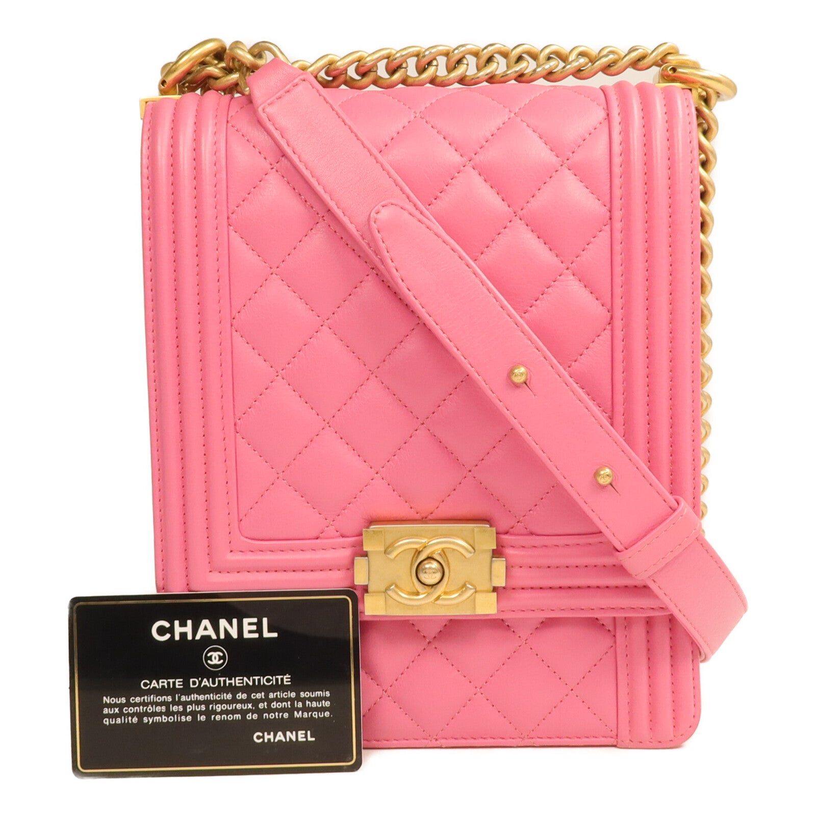 CHANEL 羊皮皮革North South Boy金扣鏈帶肩背袋