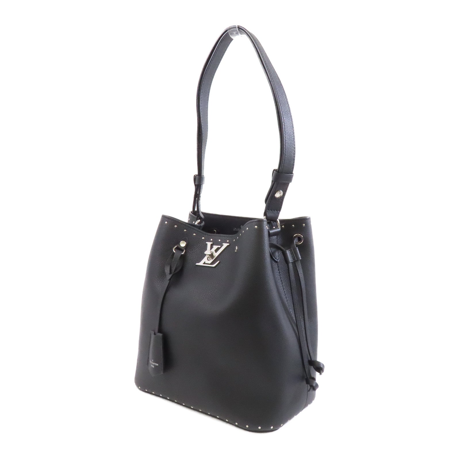 LOUIS VUITTON 牛皮皮革Lock Me Bucket銀扣肩背袋黑色