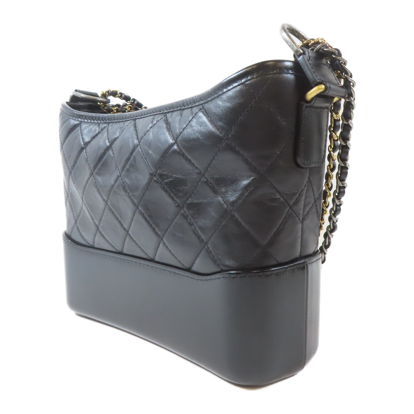 CHANEL 菱格牛皮皮革Gabrielle金扣銀扣鏈帶肩背袋黑色
