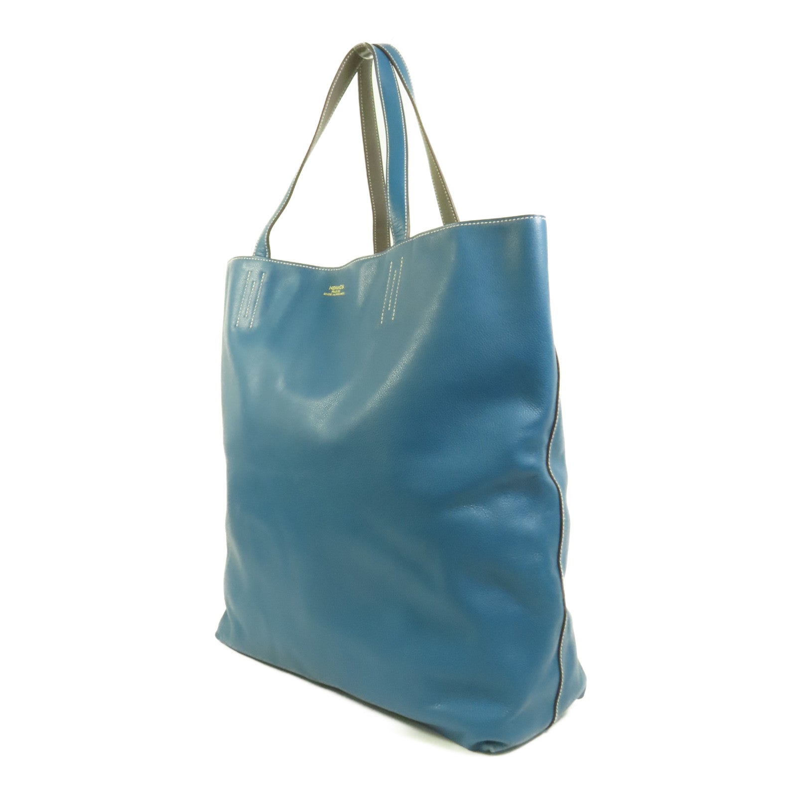 HERMES Clemence皮革Double Sens 45手挽袋Etain/Bleu Izmir