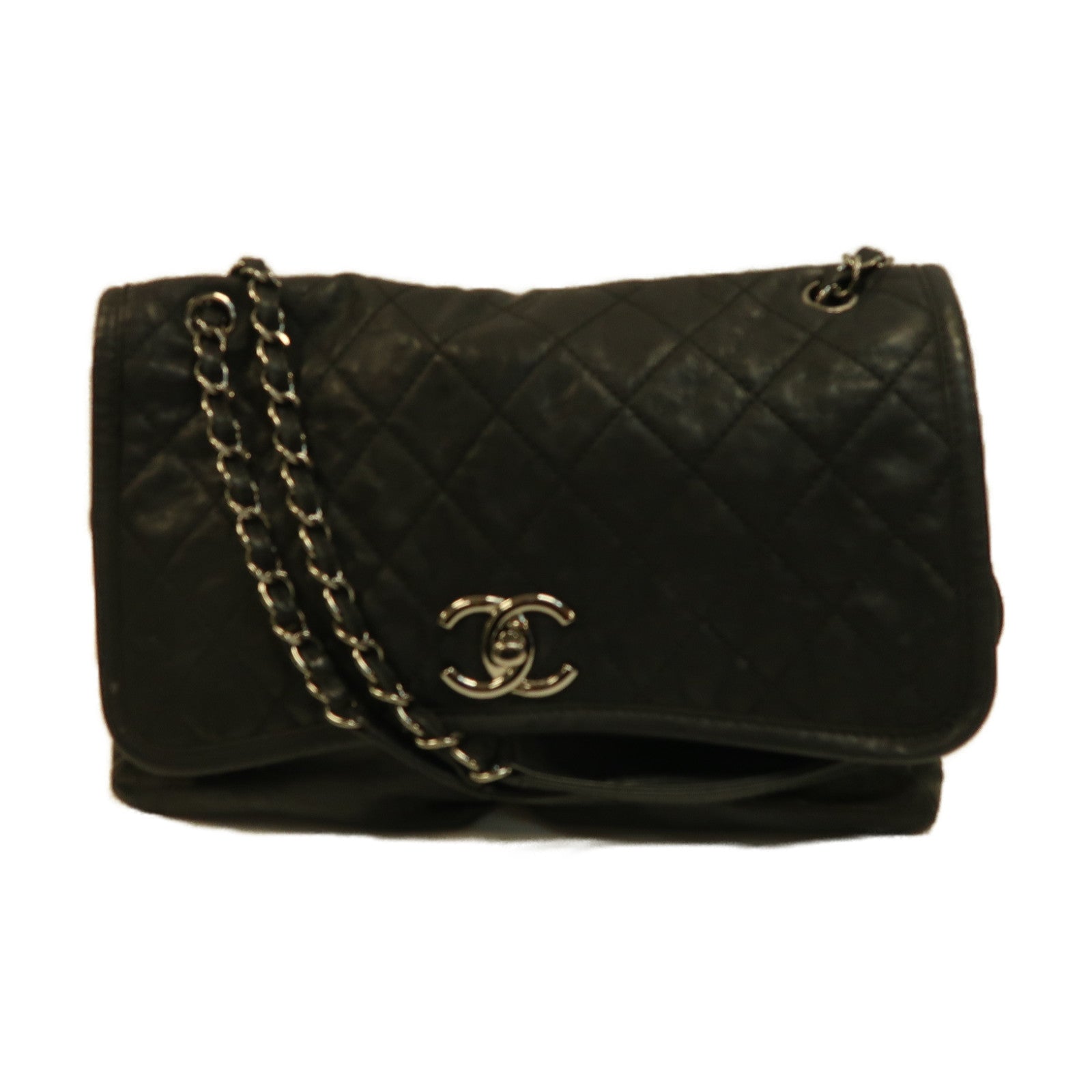 CHANEL 菱格牛皮皮革Chain Shoulder銀扣鏈帶肩背袋黑色