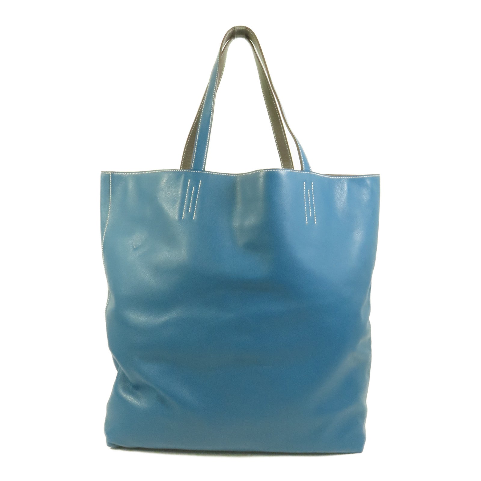 HERMES Clemence皮革Double Sens 45手挽袋Etain/Bleu Izmir