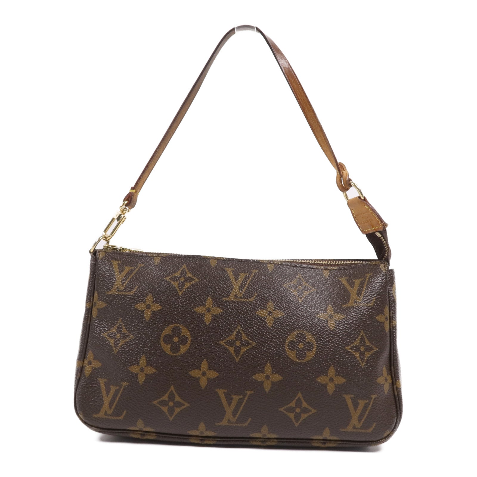 LOUIS VUITTON Monogram Pochette Accessoires金扣手挽袋棕色