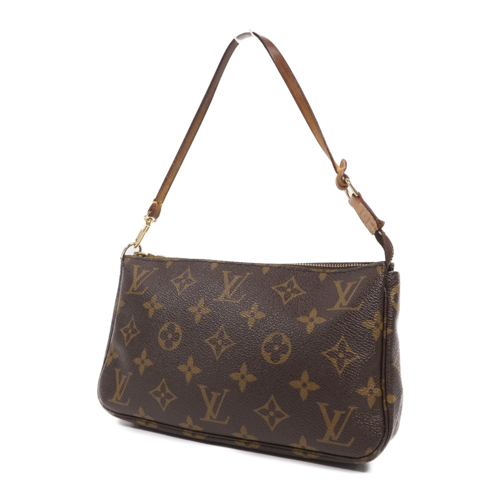 LOUIS VUITTON Monogram Pochette Accessoires金扣手挽袋棕色