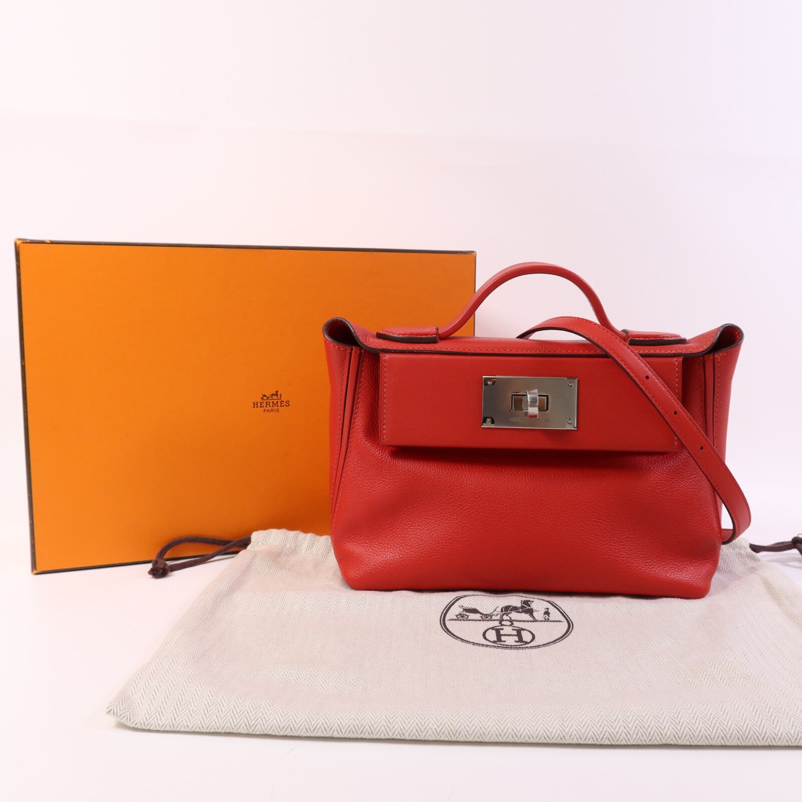 HERMES Evercolor/Swift皮革24/24 Mini銀扣手挽肩背兩用袋Rouge Piment