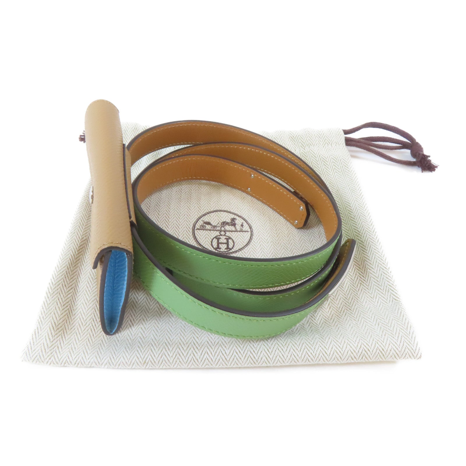 HERMES Epsom皮革Kelly Pocket 18 Belt銀扣皮帶Vert Criquet/綠色