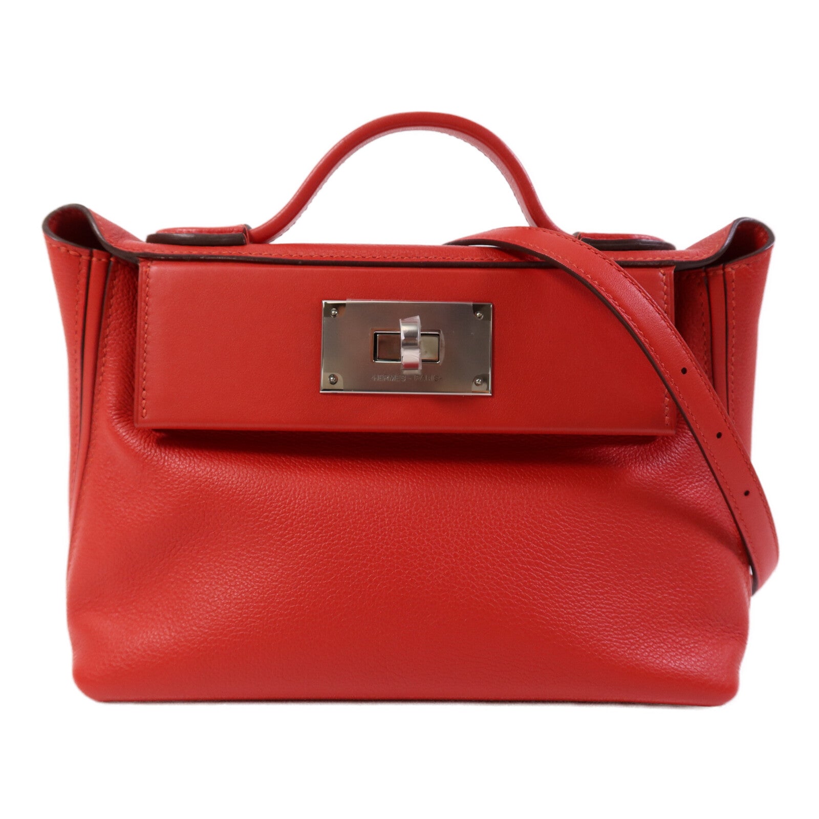HERMES Evercolor/Swift皮革24/24 Mini銀扣手挽肩背兩用袋Rouge Piment