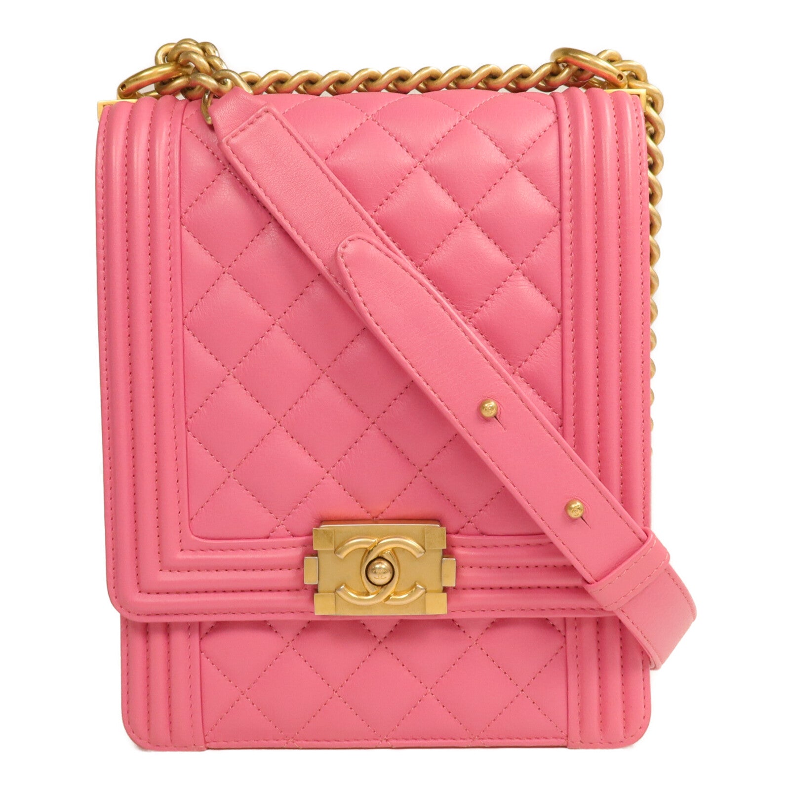 CHANEL 羊皮皮革North South Boy金扣鏈帶肩背袋