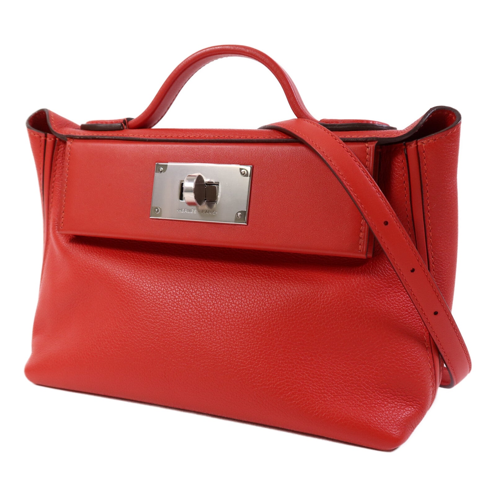 HERMES Evercolor/Swift皮革24/24 Mini銀扣手挽肩背兩用袋Rouge Piment