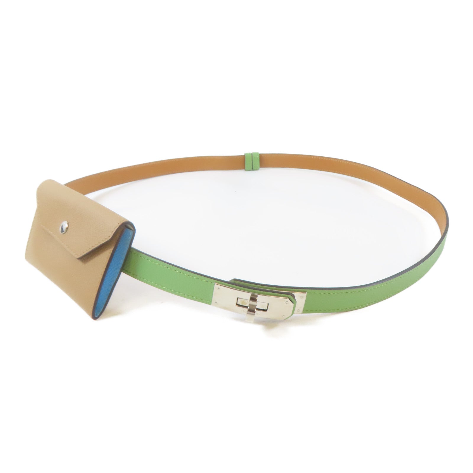 HERMES Epsom皮革Kelly Pocket 18 Belt銀扣皮帶Vert Criquet/綠色