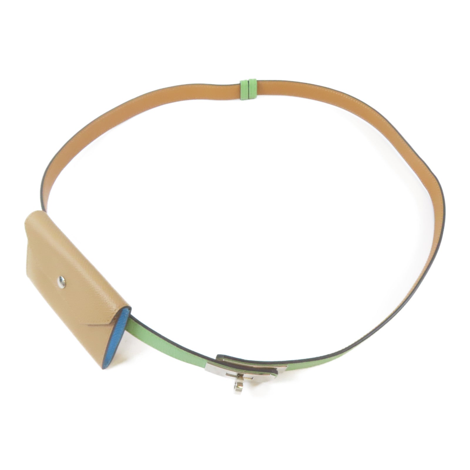 HERMES Epsom皮革Kelly Pocket 18 Belt銀扣皮帶Vert Criquet/綠色