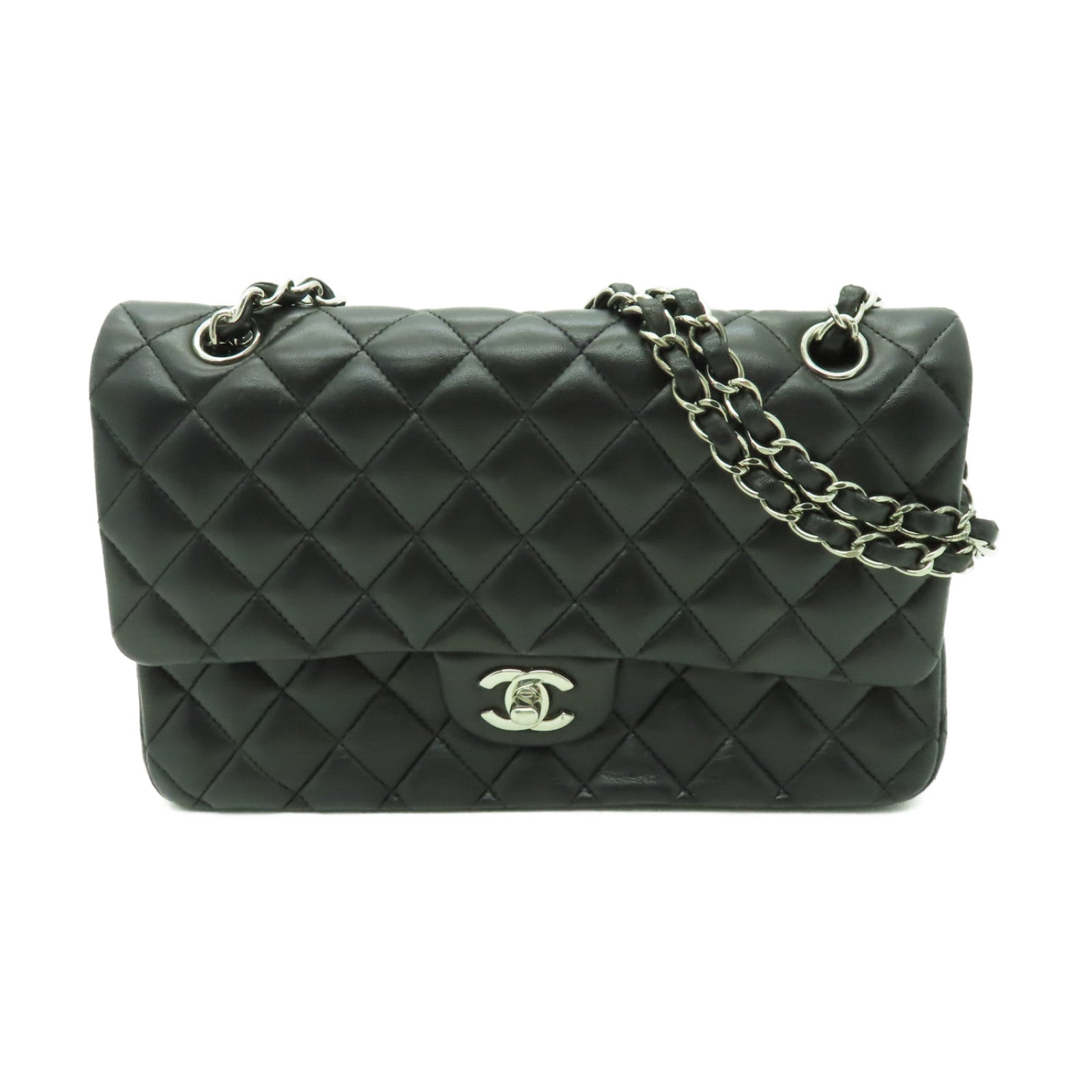 CHANEL **【清倉大減價】菱格羊皮皮革Classic 25銀扣鏈帶肩背袋黒色