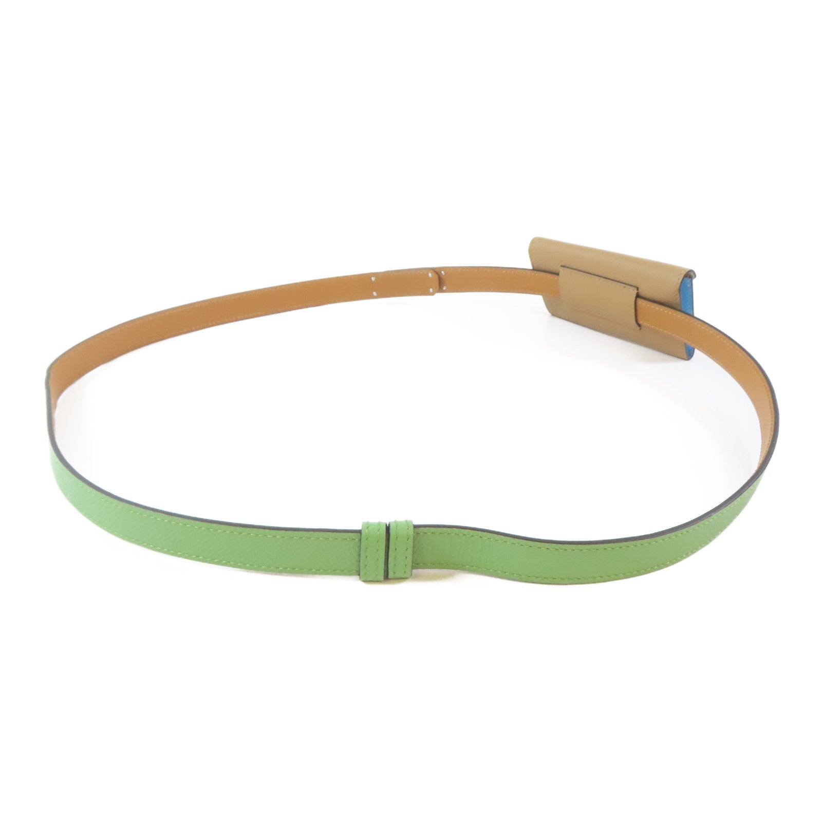 HERMES Epsom皮革Kelly Pocket 18 Belt銀扣皮帶Vert Criquet/綠色