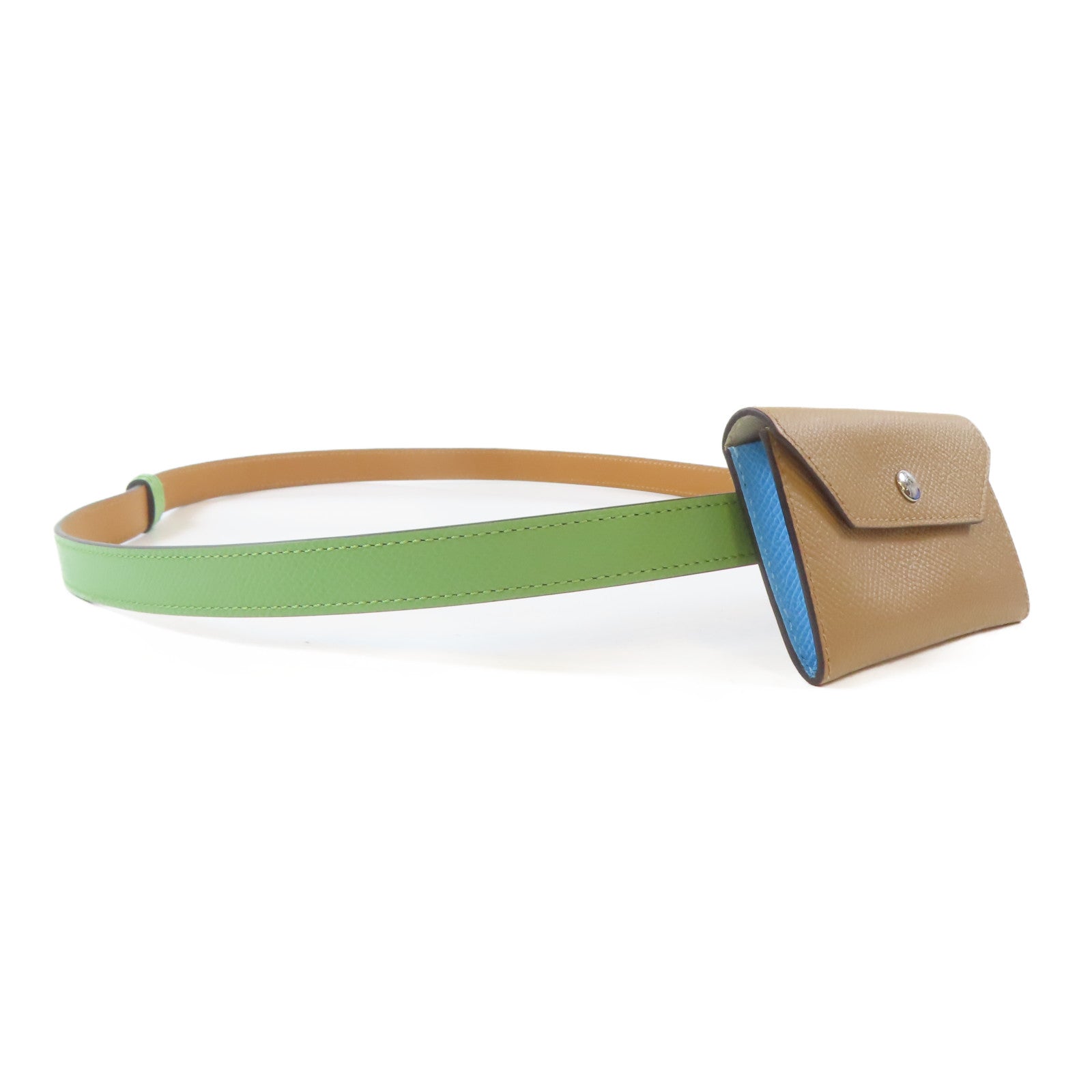 HERMES Epsom皮革Kelly Pocket 18 Belt銀扣皮帶Vert Criquet/綠色