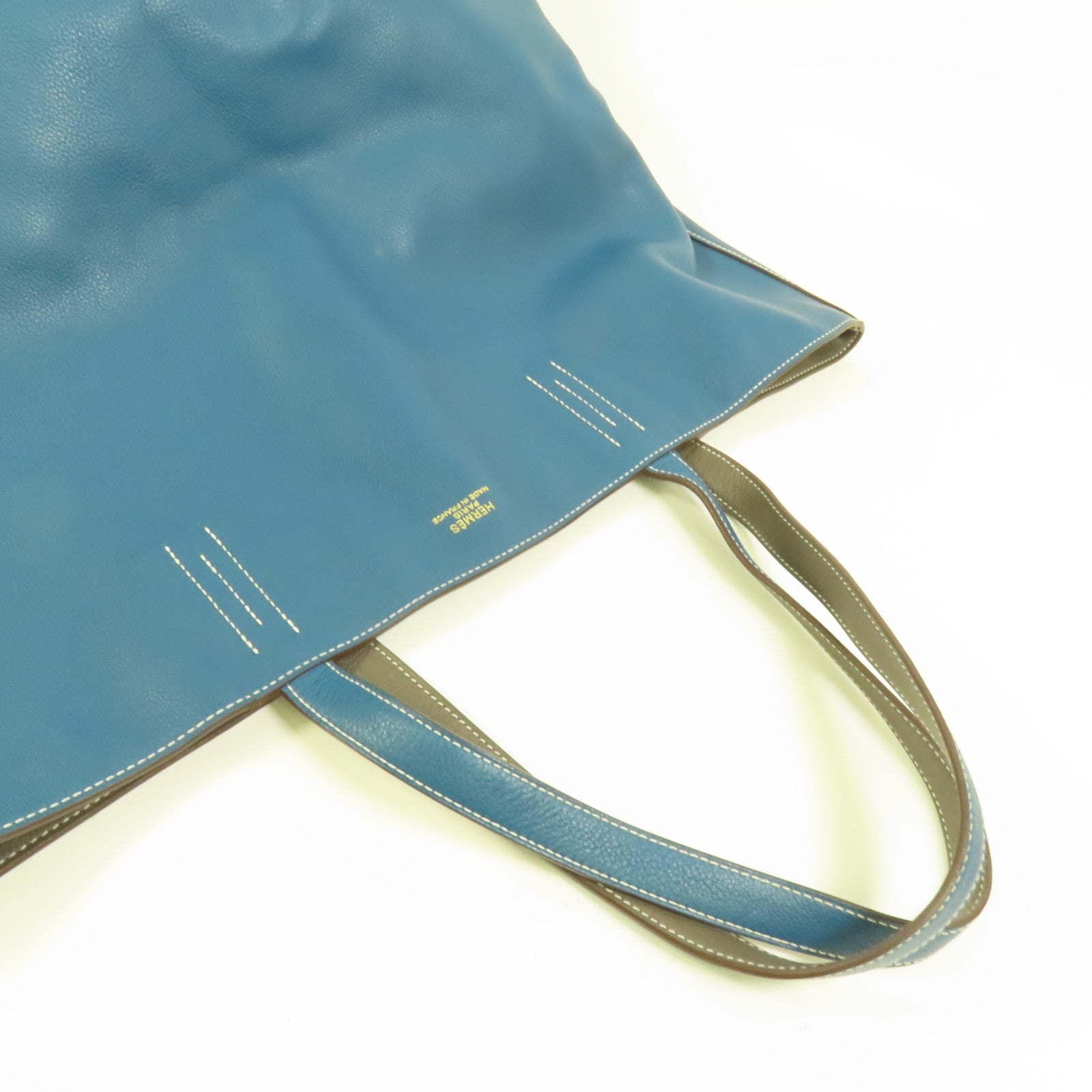 HERMES Clemence皮革Double Sens 45手挽袋Etain/Bleu Izmir