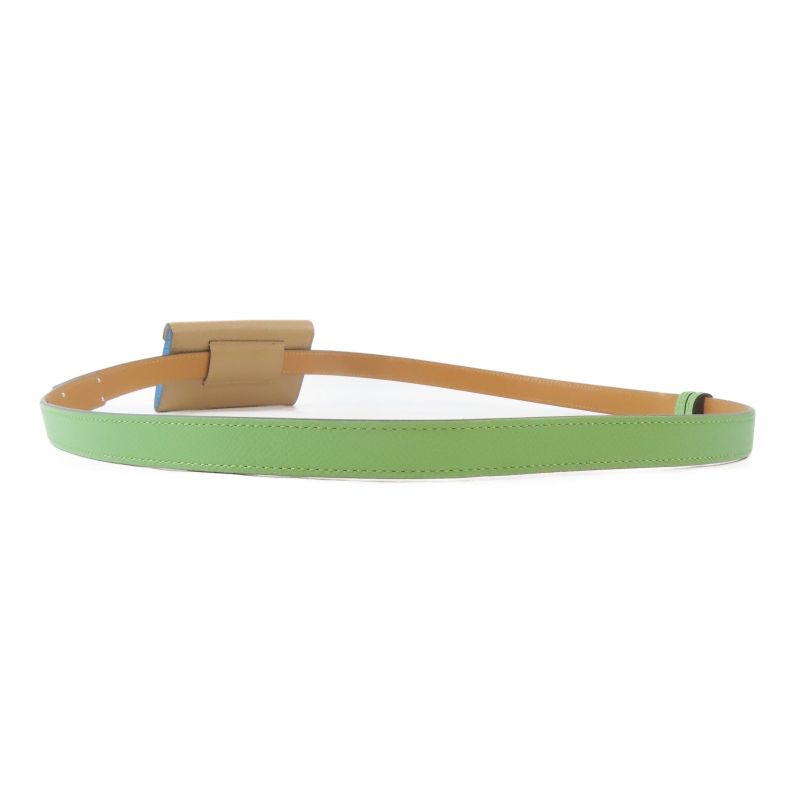 HERMES Epsom皮革Kelly Pocket 18 Belt銀扣皮帶Vert Criquet/綠色
