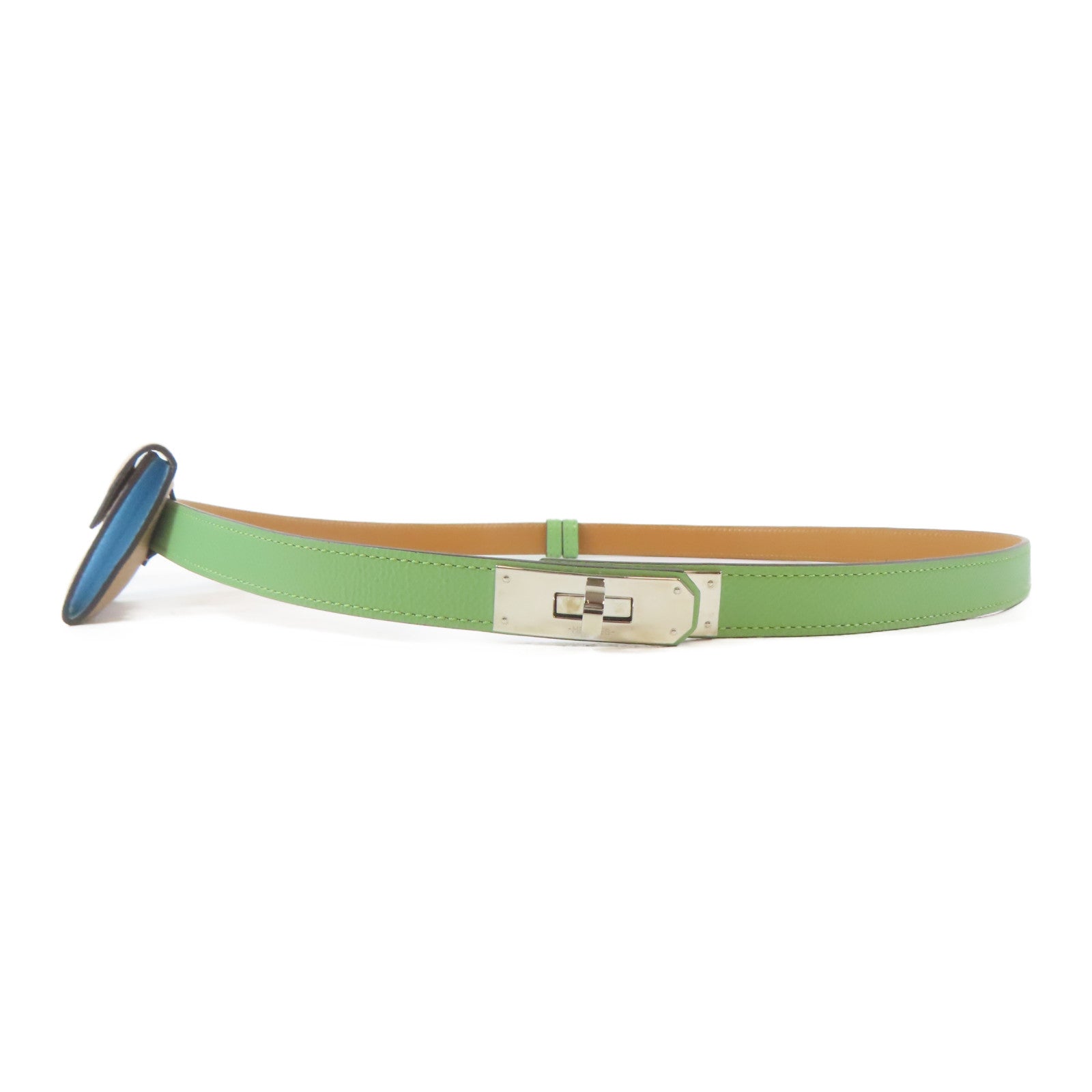 HERMES Epsom皮革Kelly Pocket 18 Belt銀扣皮帶Vert Criquet/綠色