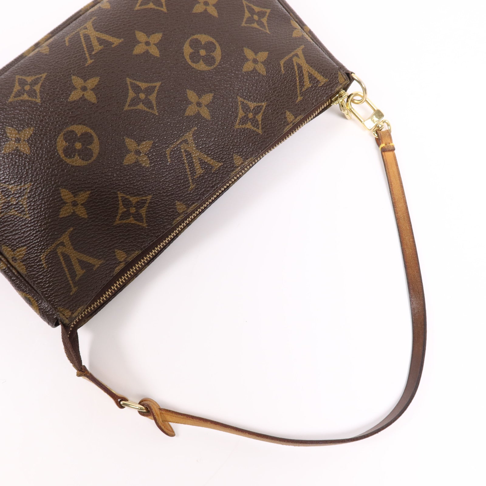 LOUIS VUITTON Monogram Pochette Accessoires金扣手挽袋棕色