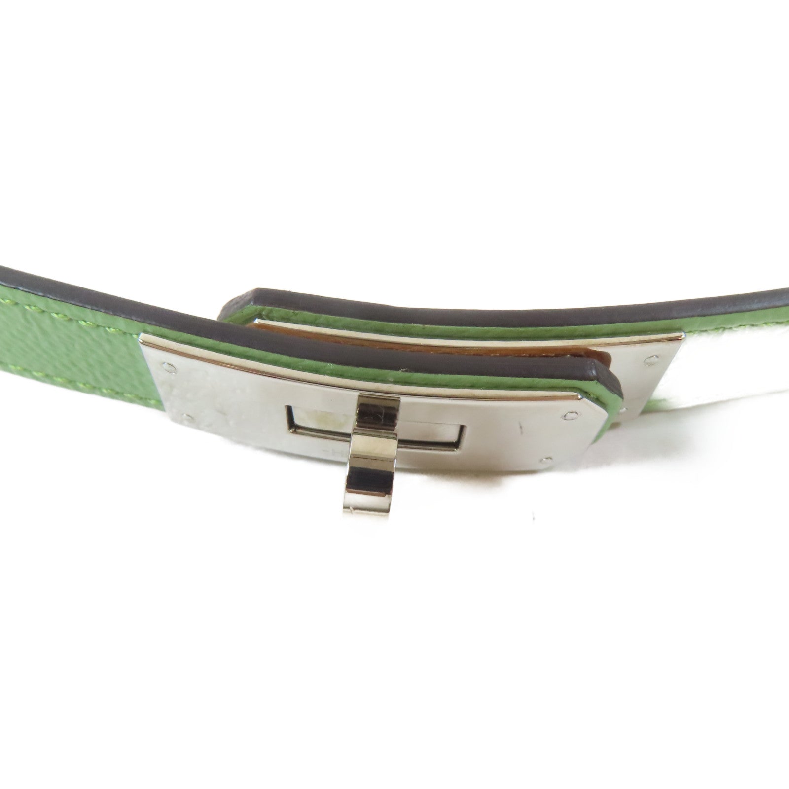 HERMES Epsom皮革Kelly Pocket 18 Belt銀扣皮帶Vert Criquet/綠色