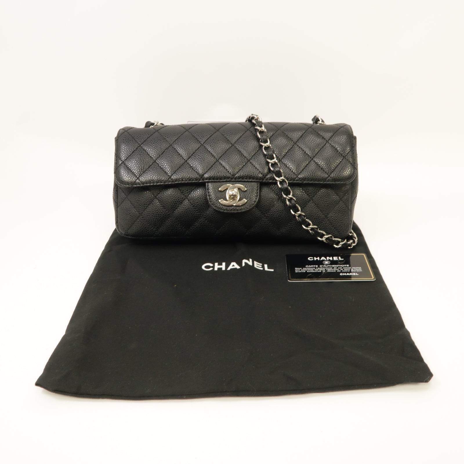 CHANEL 菱格Caviar皮革Chain Shoulder銀扣鏈帶肩背袋黑色