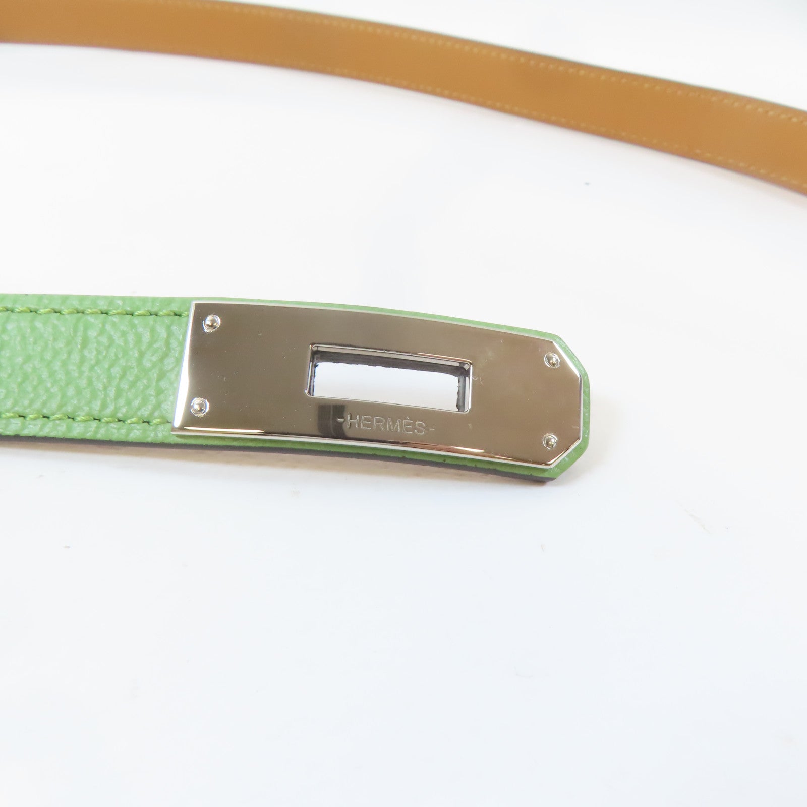 HERMES Epsom皮革Kelly Pocket 18 Belt銀扣皮帶Vert Criquet/綠色