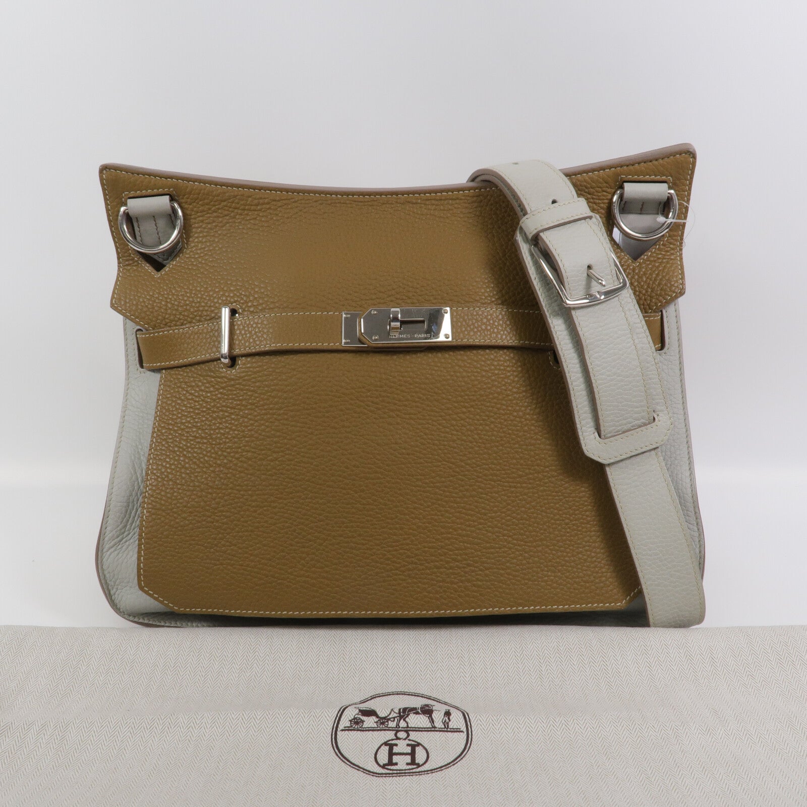HERMES Clemence皮革Jypesiere 34肩背袋Kraft/Gris Pearl