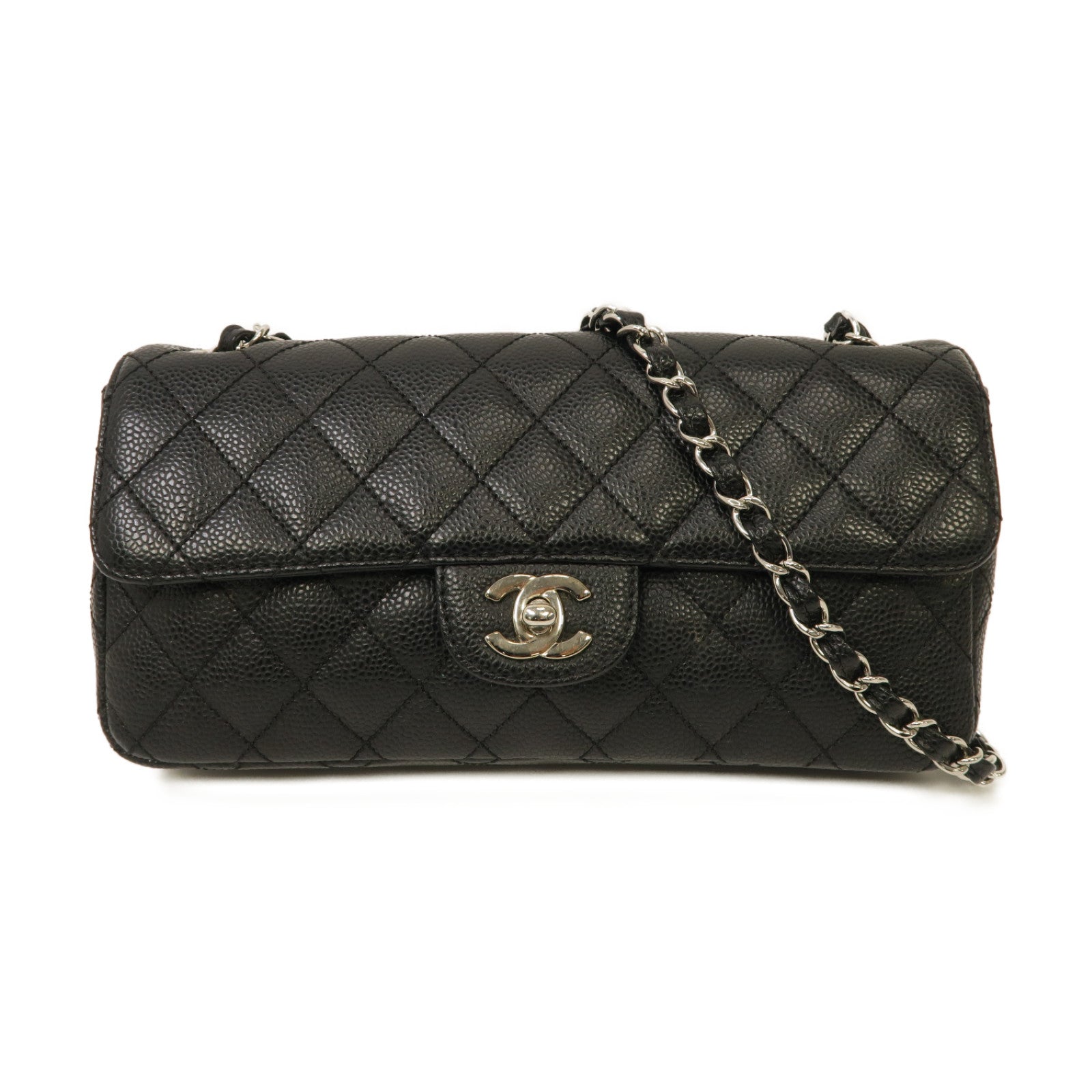 CHANEL 菱格Caviar皮革Chain Shoulder銀扣鏈帶肩背袋黑色