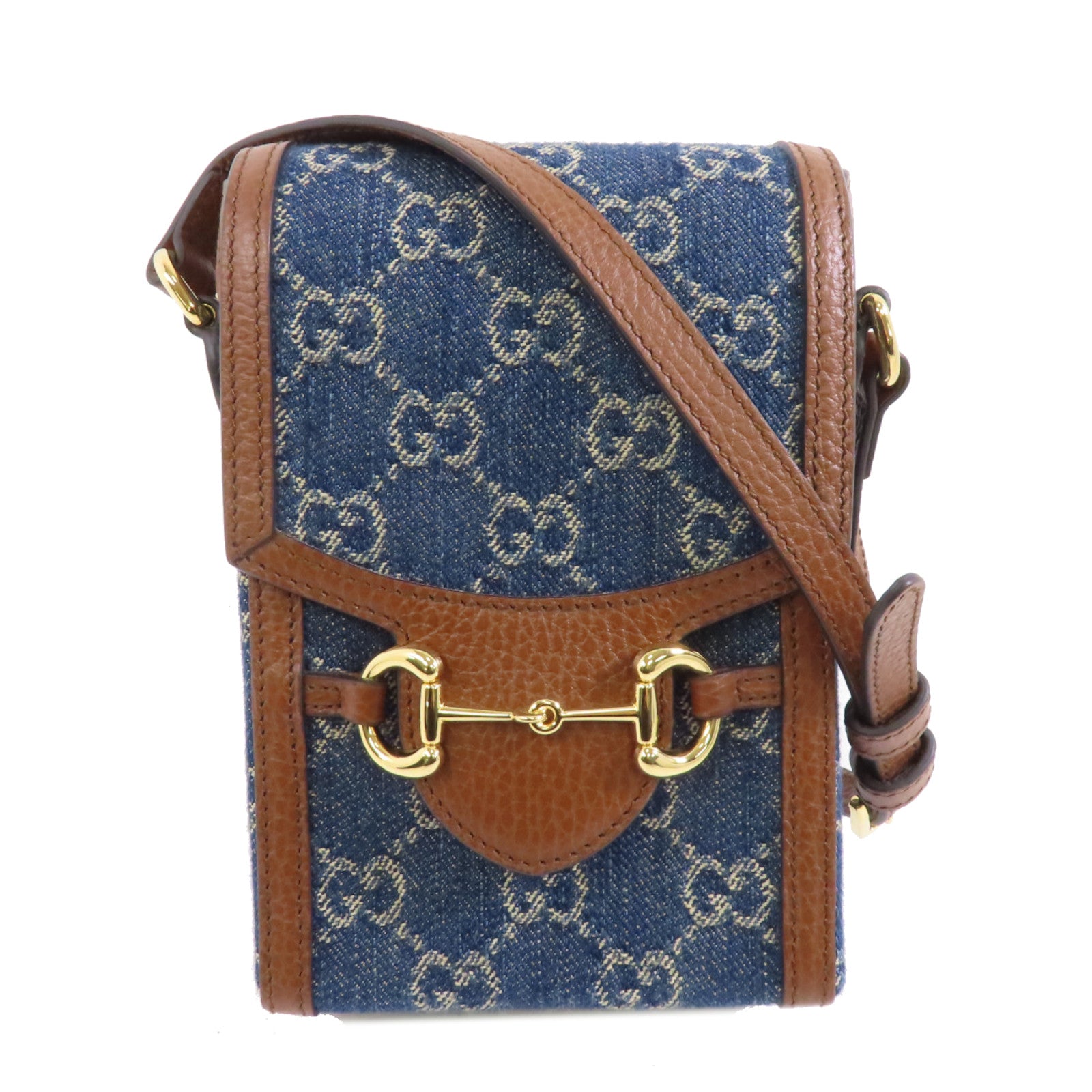 GUCCI 牛仔布GG Supreme Horsebit 1955金扣肩背袋藍色/啡色