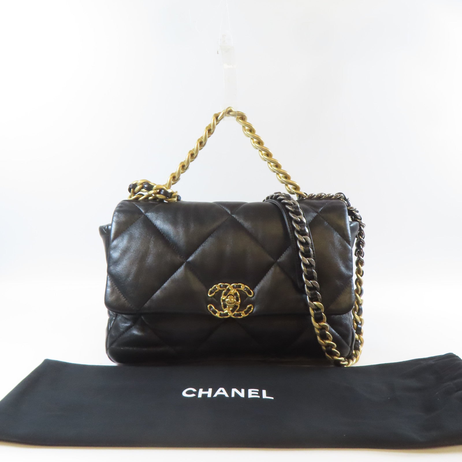 CHANEL 【激減優惠】菱格羊皮皮革C19 Large Chain Shoulder Bag金扣手挽肩背兩用袋黑色