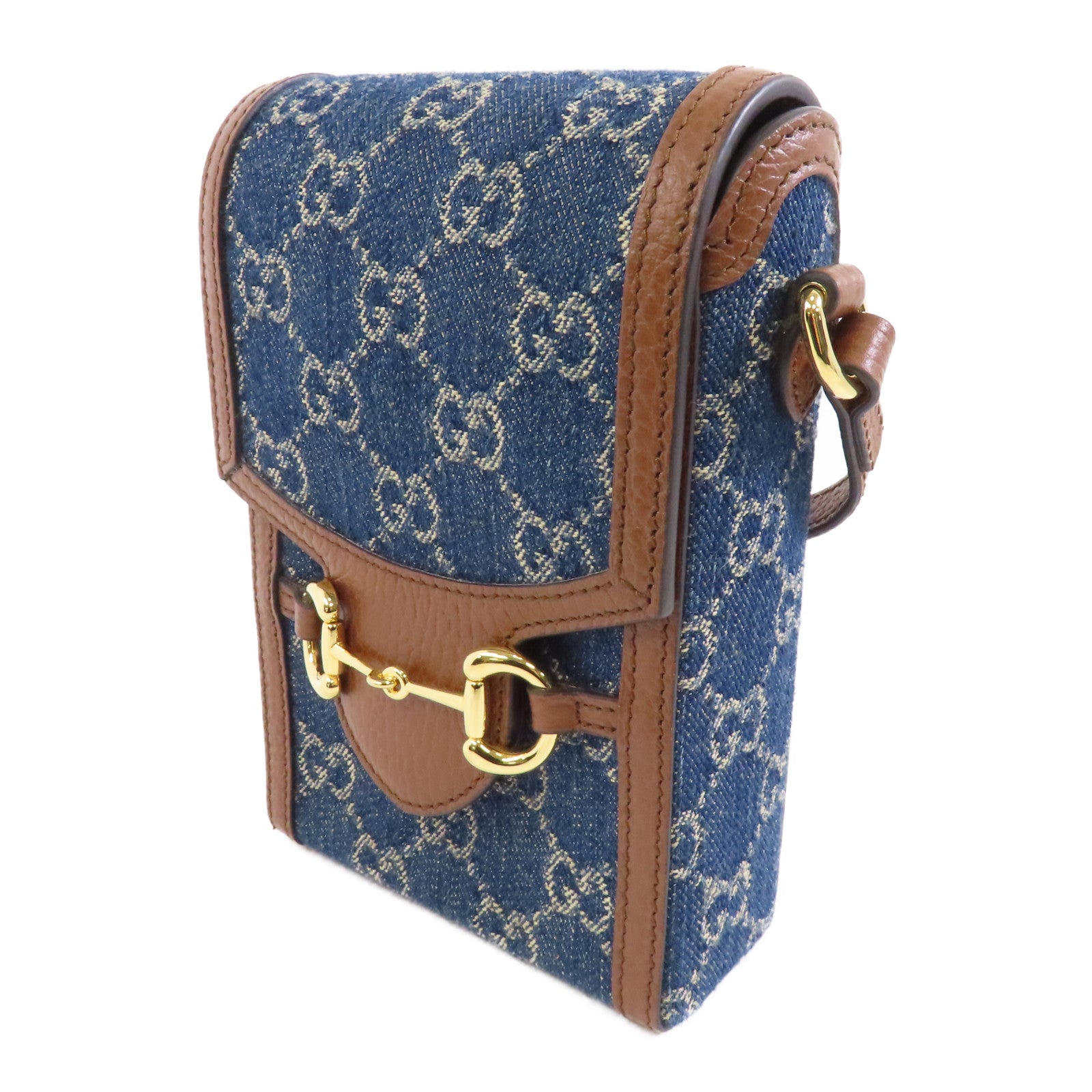 GUCCI 牛仔布GG Supreme Horsebit 1955金扣肩背袋藍色/啡色
