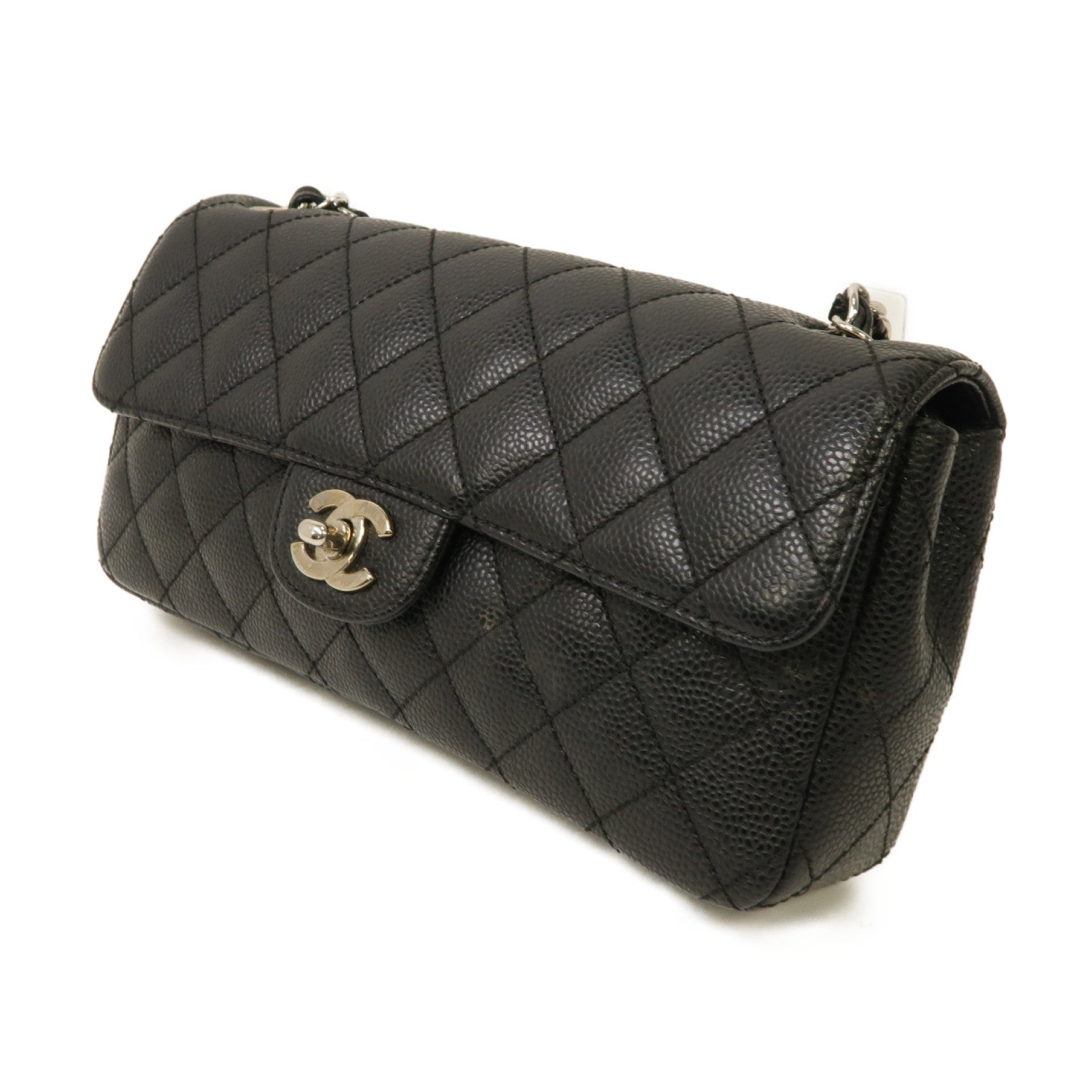 CHANEL 菱格Caviar皮革Chain Shoulder銀扣鏈帶肩背袋黑色