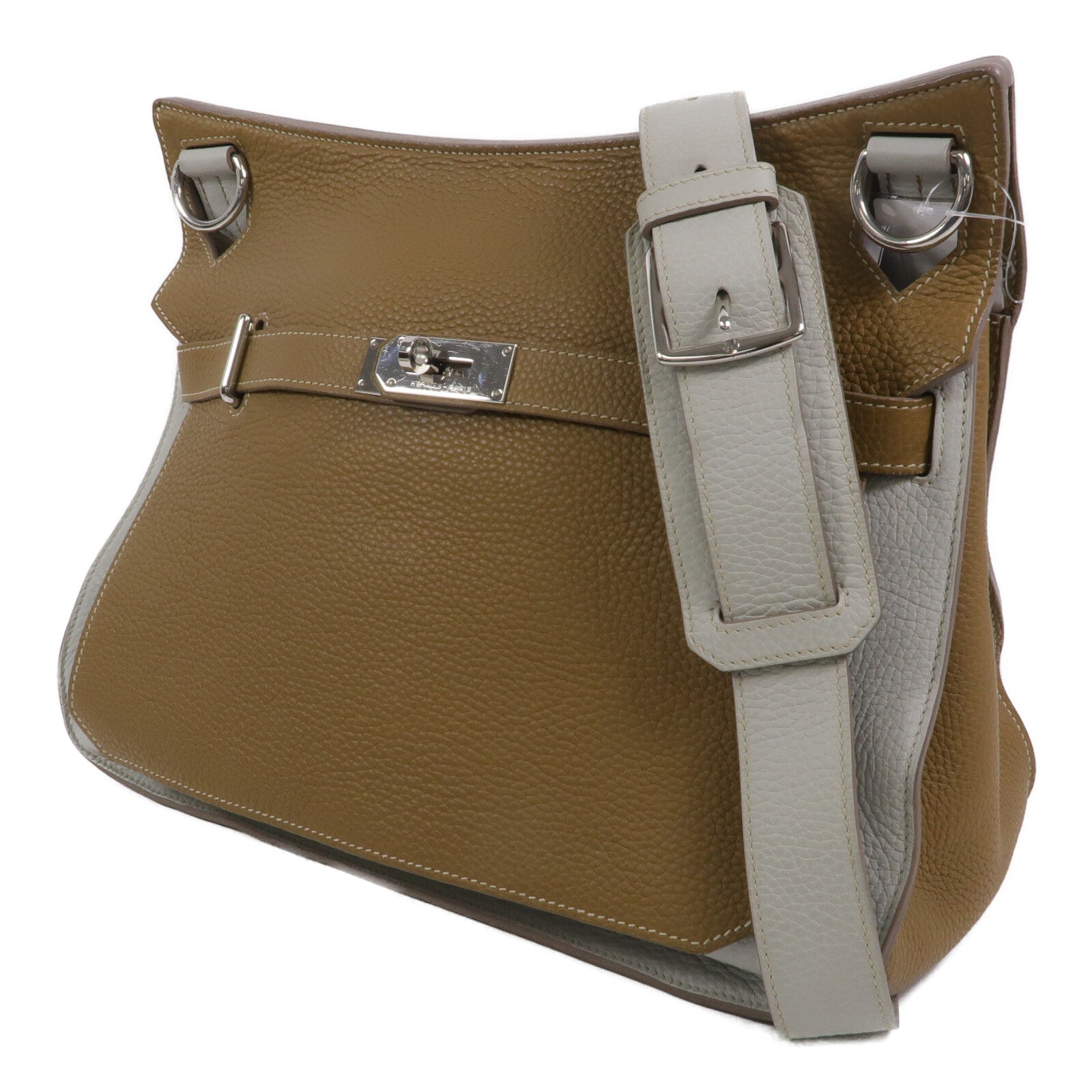 HERMES Clemence皮革Jypesiere 34肩背袋Kraft/Gris Pearl