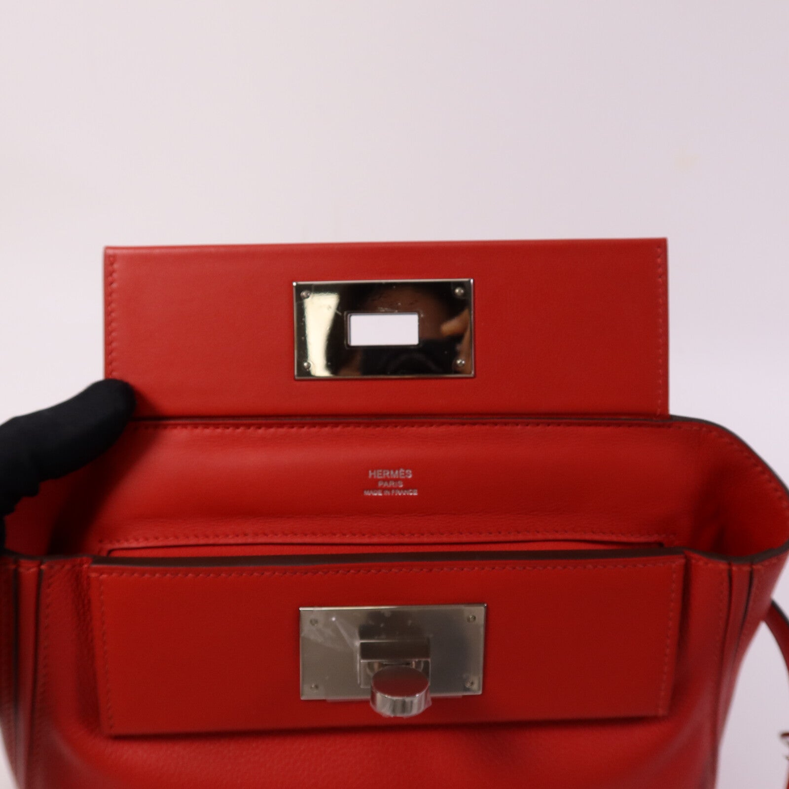 HERMES Evercolor/Swift皮革24/24 Mini銀扣手挽肩背兩用袋Rouge Piment
