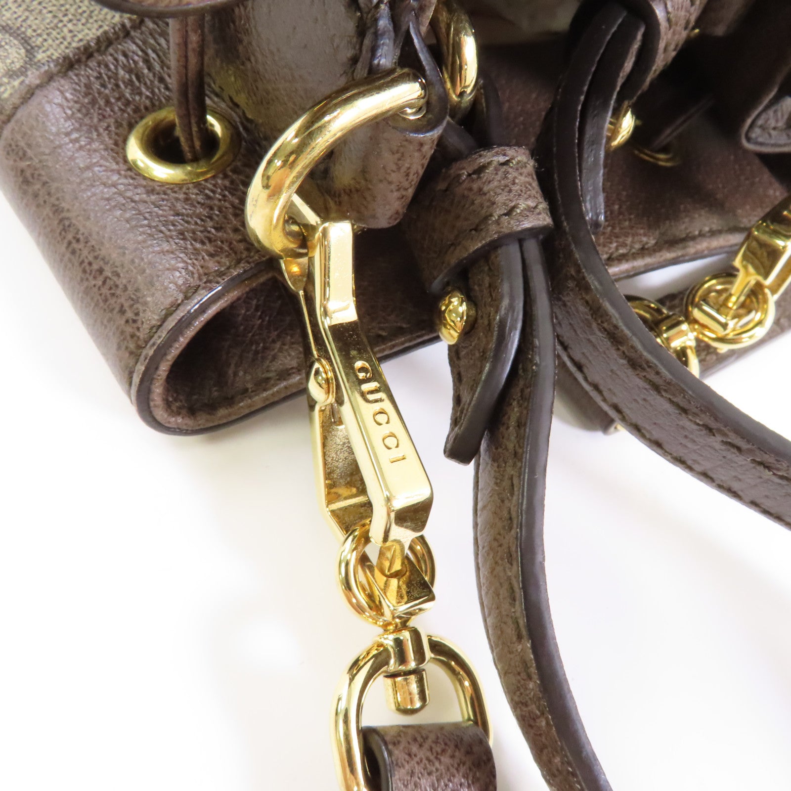 GUCCI 塗層帆布/皮革GG Ophidia Bucket Bag金扣手挽肩背兩用袋啡色