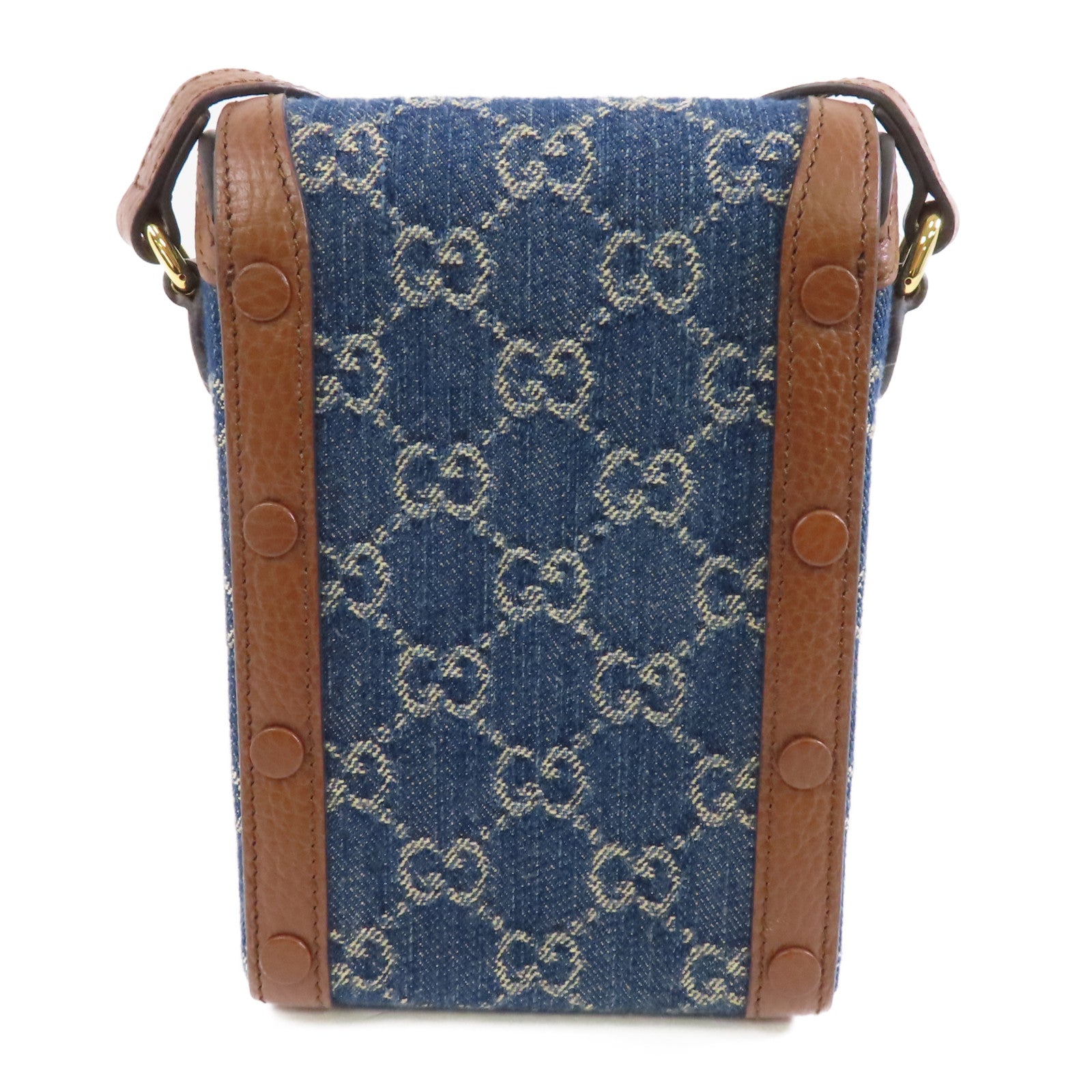 GUCCI 牛仔布GG Supreme Horsebit 1955金扣肩背袋藍色/啡色