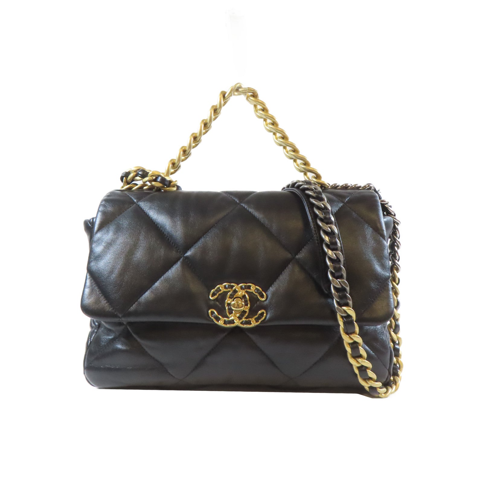 CHANEL 【激減優惠】菱格羊皮皮革C19 Large Chain Shoulder Bag金扣手挽肩背兩用袋黑色