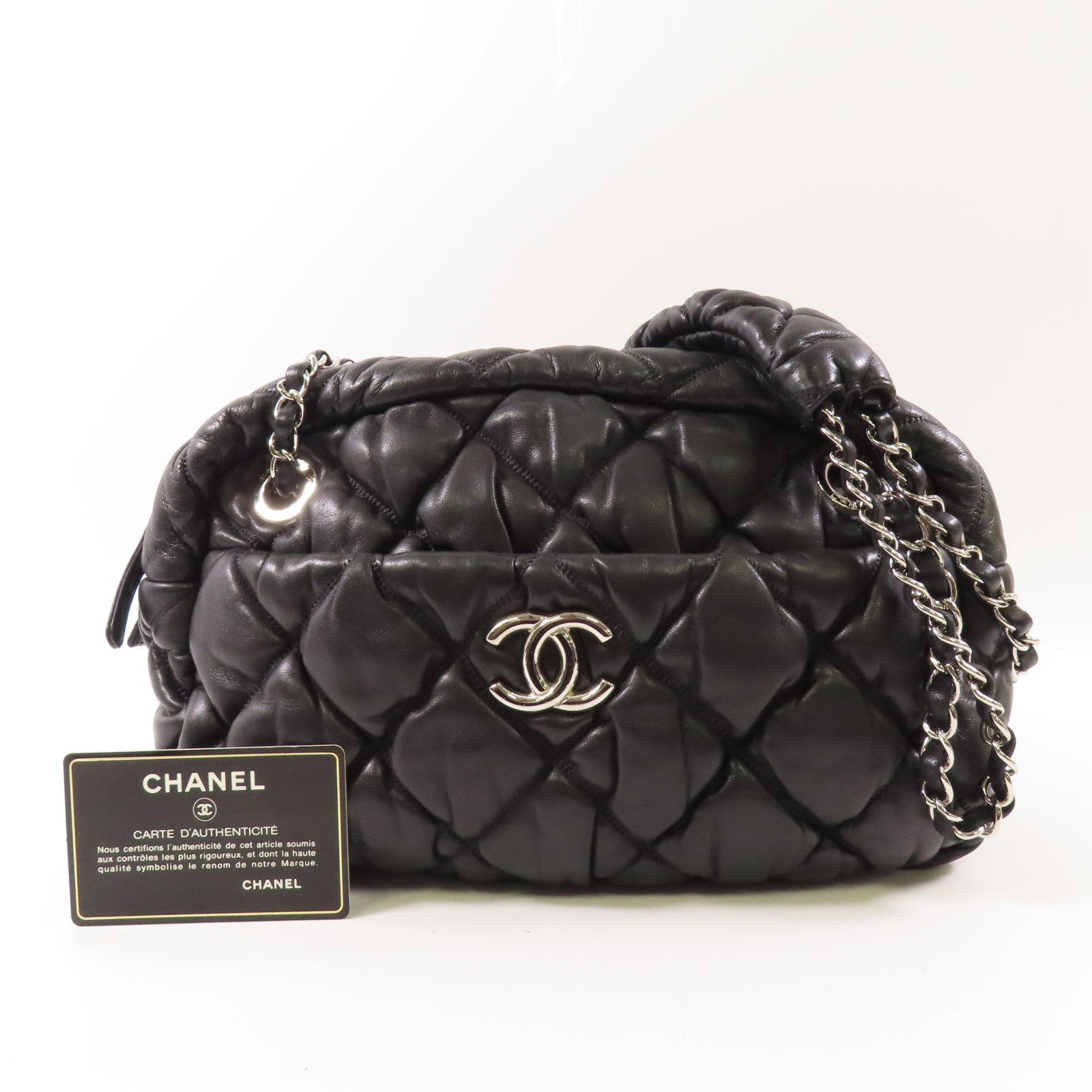 CHANEL 羊皮皮革Bubble Chain Shoulder Bag銀扣鏈帶肩背袋