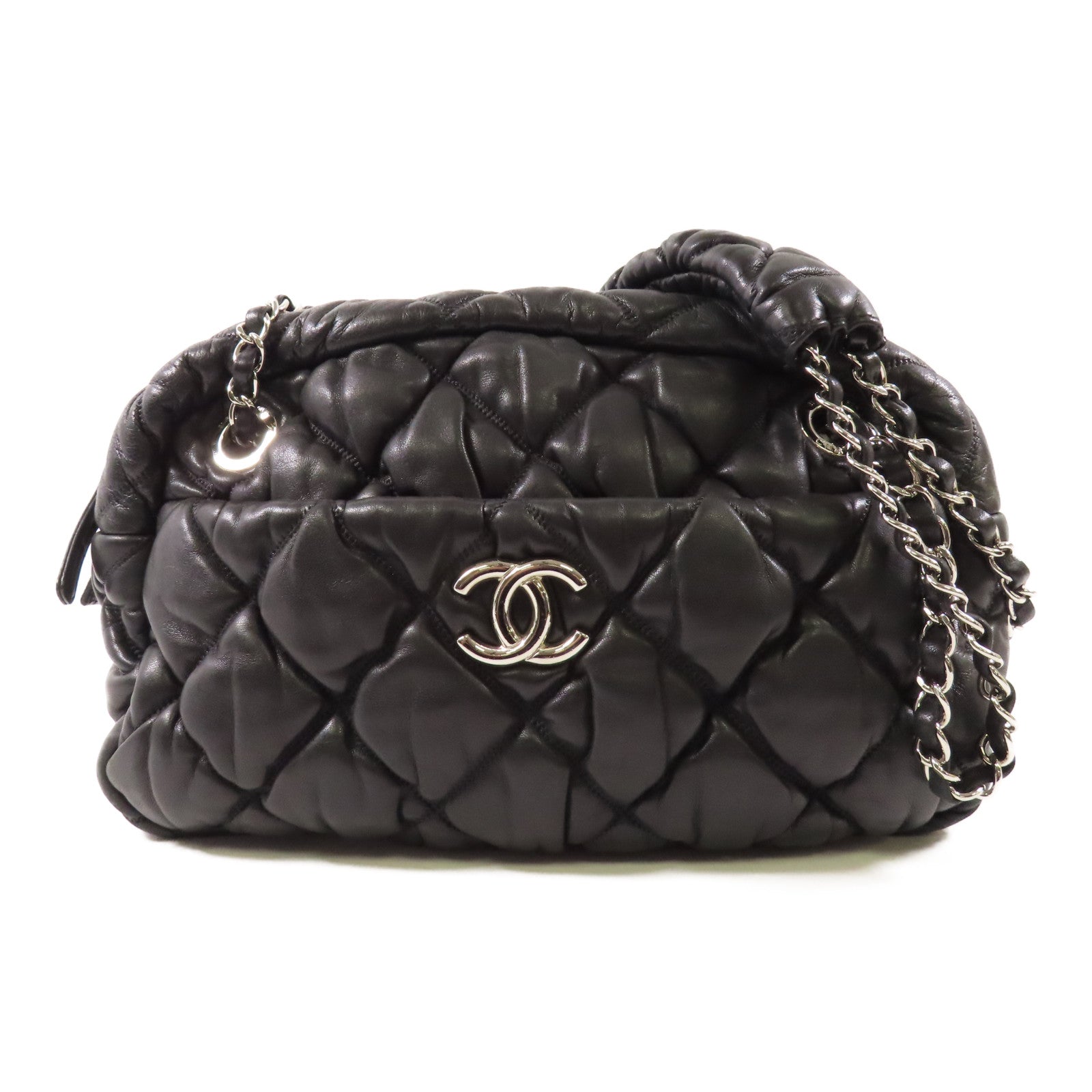 CHANEL 羊皮皮革Bubble Chain Shoulder Bag銀扣鏈帶肩背袋