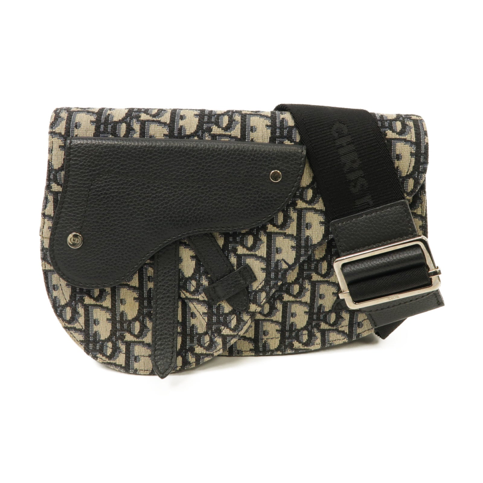 Dior 帆布/皮革Saddle Pouch Bag銀扣肩背袋黑色米色