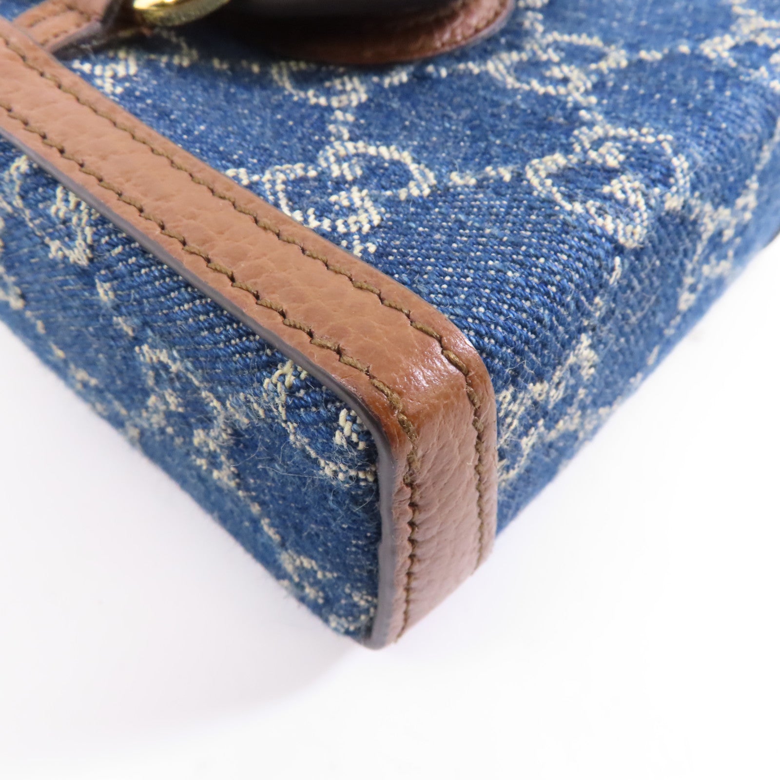 GUCCI 牛仔布GG Supreme Horsebit 1955金扣肩背袋藍色/啡色