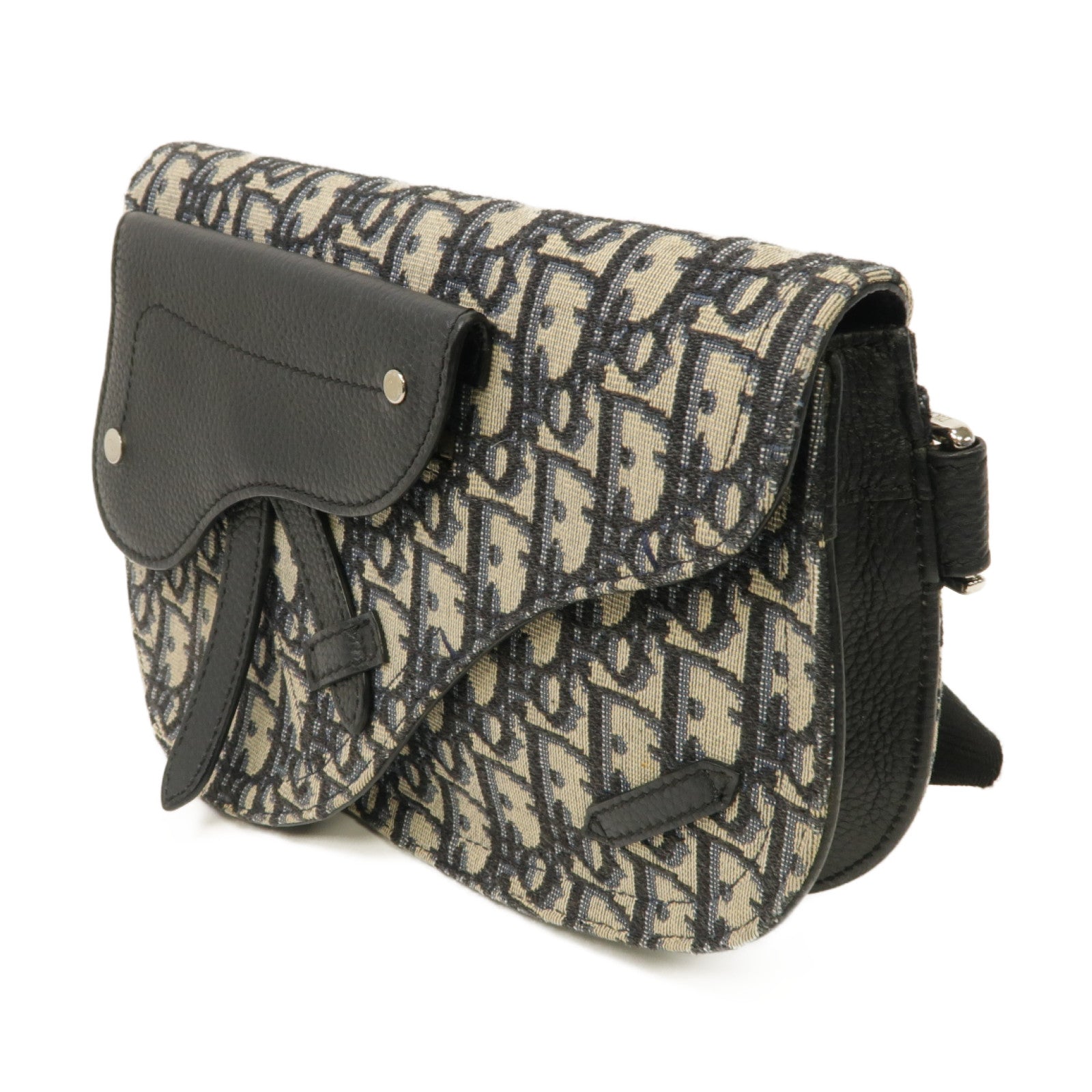 Dior 帆布/皮革Saddle Pouch Bag銀扣肩背袋黑色米色