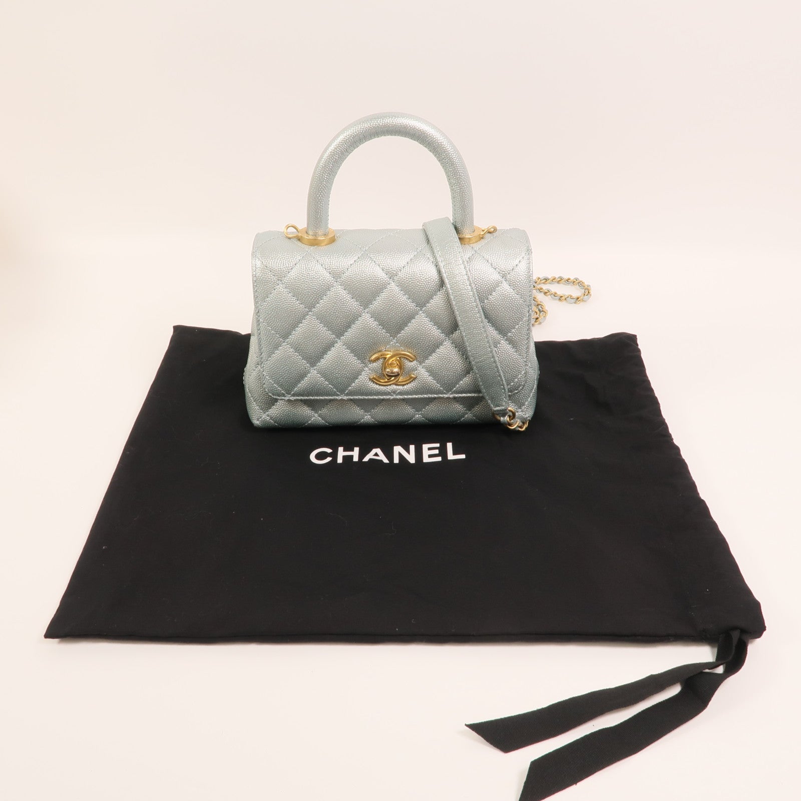 CHANEL 牛皮皮革Coco Handle Mini金扣鏈帶手挽肩背兩用袋