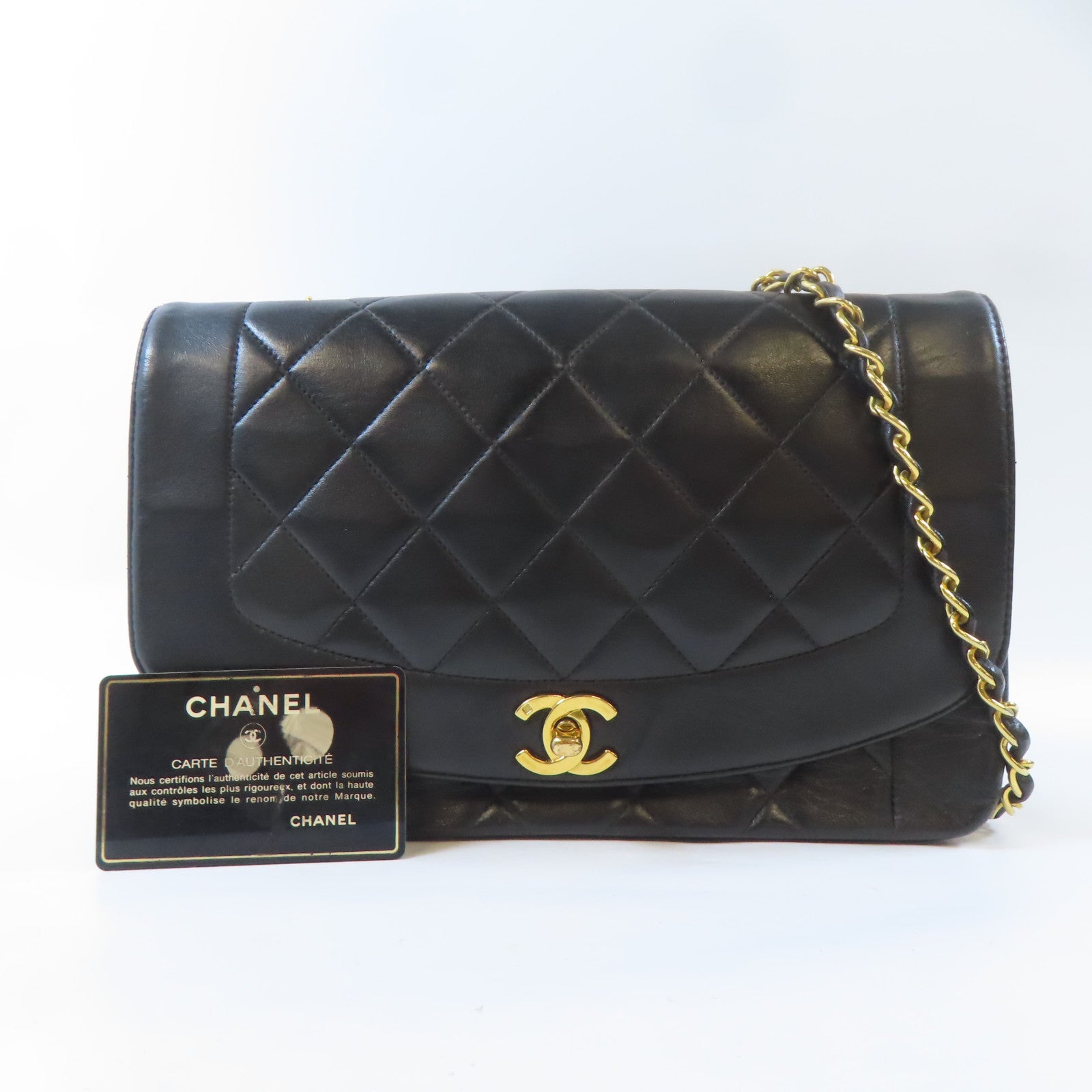 CHANEL 菱格羊皮皮革Diana金扣鏈帶肩背袋黑色