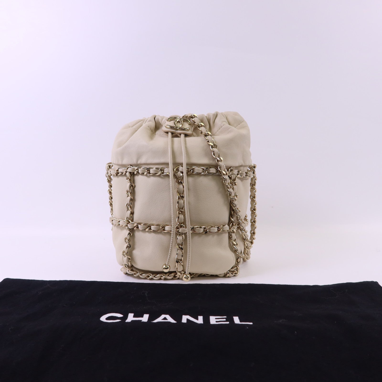 CHANEL 羊皮皮革Drawstring Bag金扣鏈帶肩背袋