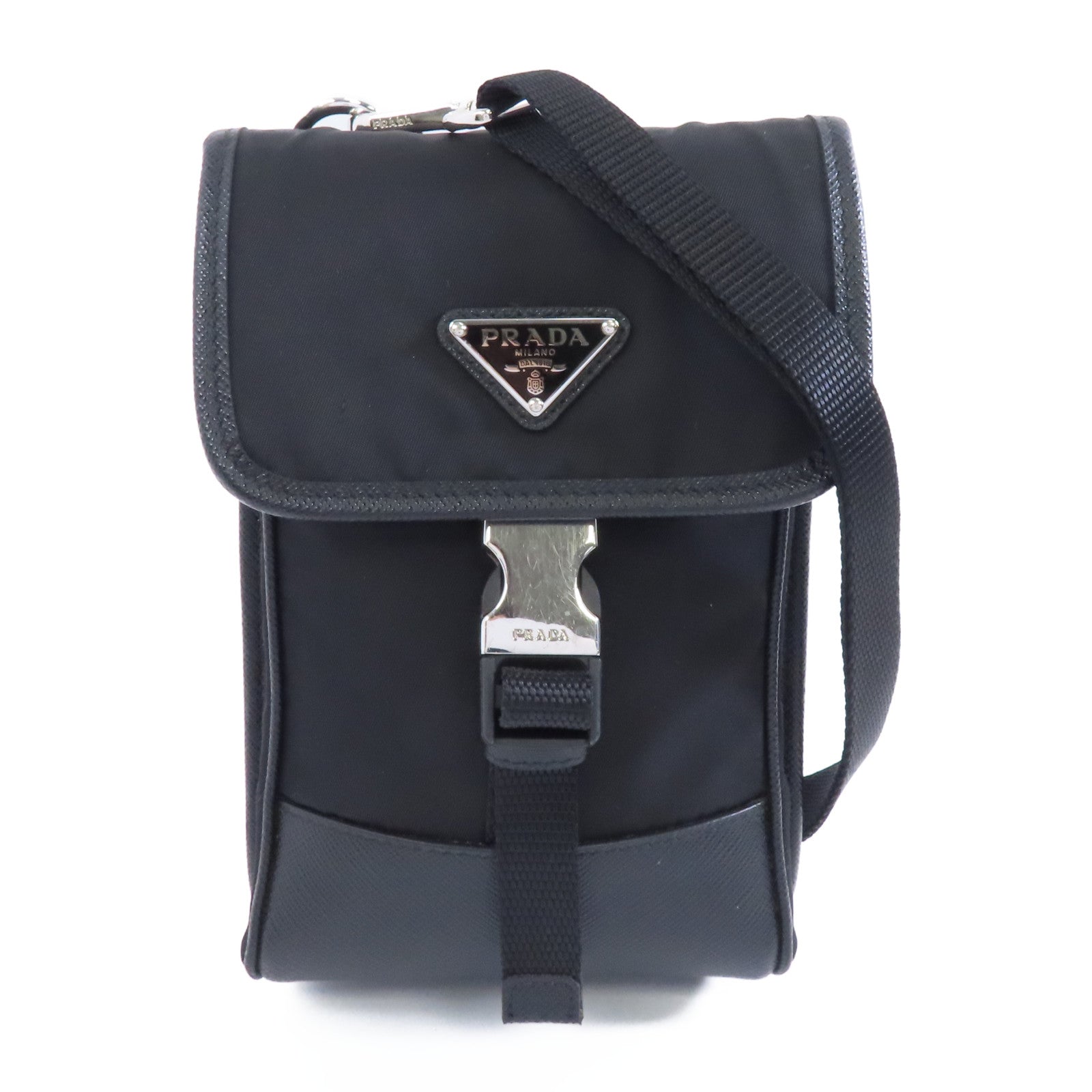 PRADA 尼龍/皮革Phone Holder Shoulder Bag銀扣手機袋斜孭袋黑色